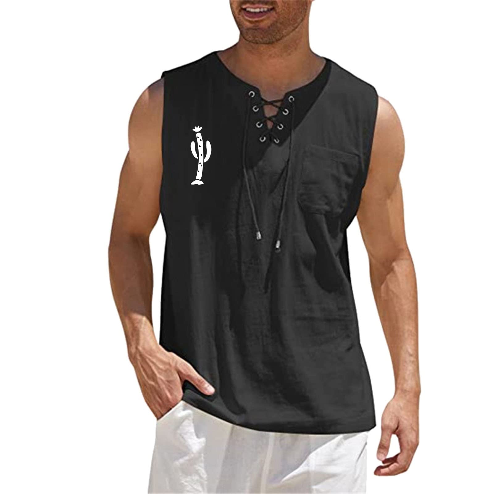 ZDDO Men's Cotton Linen Sleeveless Shirt - V Neck Graphic Print Casual Tank Top with Drawstring, Relaxed Fit Beach Vest for Summer, Music Festivals & Boho Style Outfits