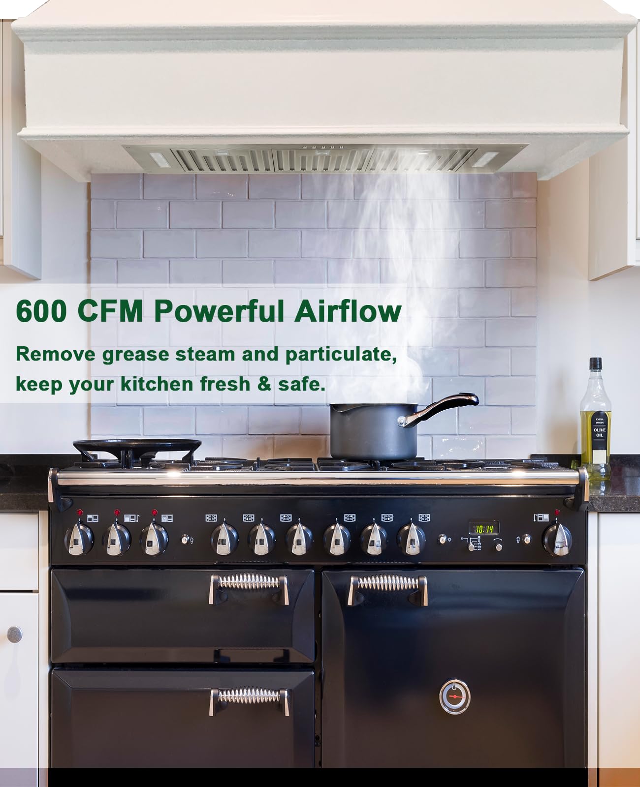 Akicon 36 Inch Stainless Steel Range Hood Insert - Ultra Quiet 600 CFM Ducted Kitchen Vent Hood with Powerful Suction, 3-Speed Settings, LED Lights & Dishwasher Safe Filters - Perfect for Built-In Kitchen Ventilation & Smoke Removal