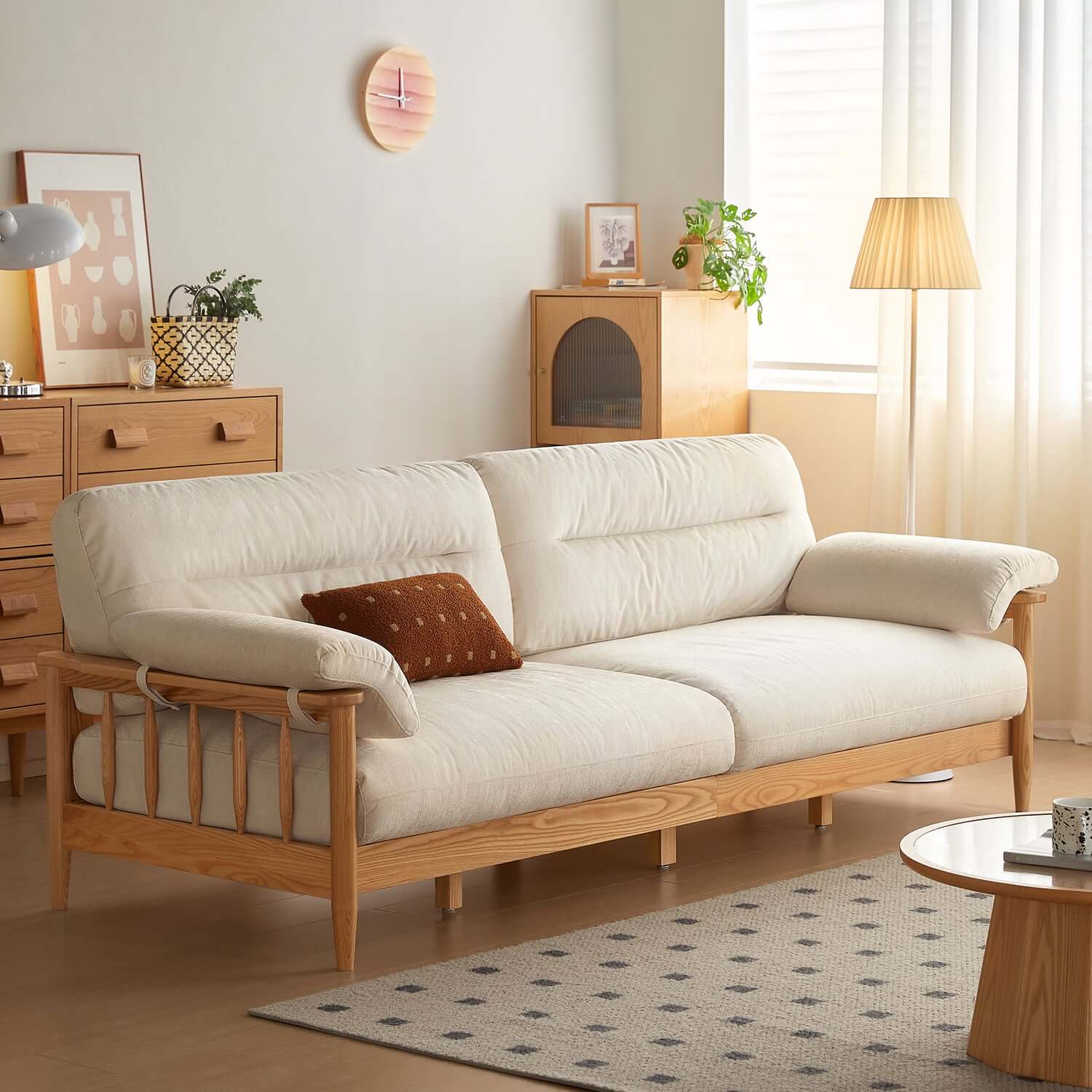 Japandi Style Solid Ash Wood Sofa - Cotton Linen, Corduroy & Cat Scratch Resistant Fabric Options | Modern Scandinavian Japanese Fusion Sofa for Living Room, Lounge & Office