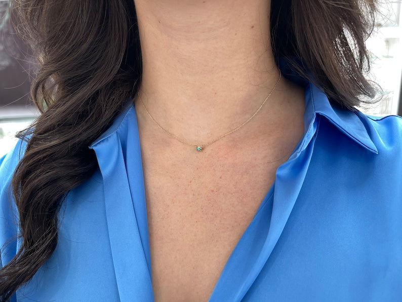 0.12ct Dainty Emerald Baguette Cut 16 Solitaire Necklace 14K Gold - Elegant Minimalist Jewelry for Women, Perfect for Everyday Wear, Gift Giving & Special Occasions