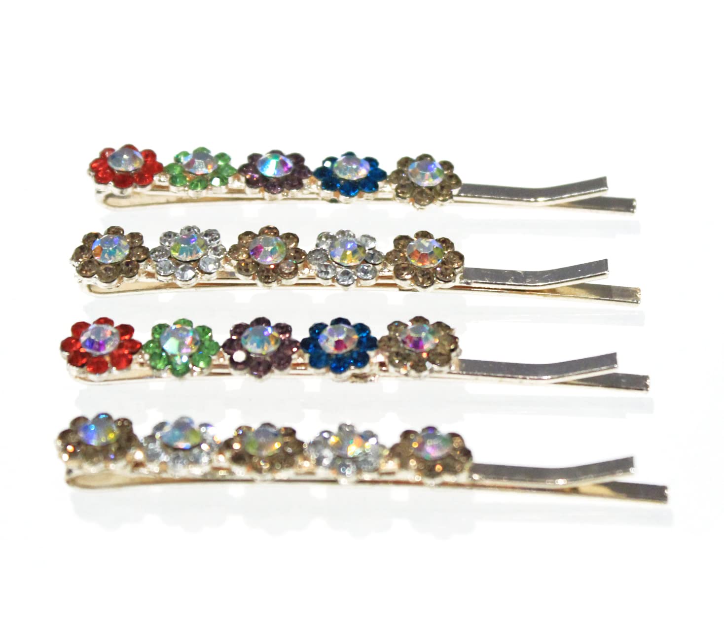 Multicolor Gold Plated Crystal Rhinestone Floral Hairpins for Women & Girls - Elegant Hair Clips for Weddings, Parties & Daily Use (Pack of 4)