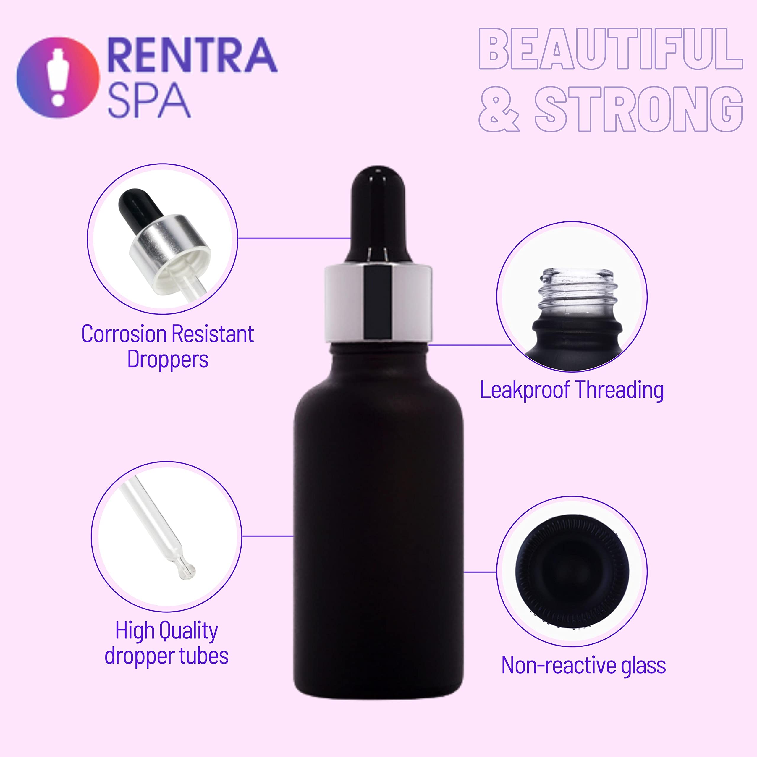 50ml Glossy Black Round Glass Bottle with Glass Dropper, Gold Ring & White Silicone Teat - Perfect for Essential Oils, DIY Skincare & Home Decor (Rentra S.P.A)