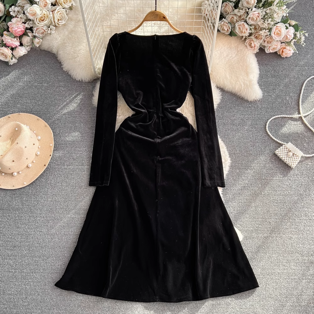 Elegant Long Sleeve Velvet A-Line Dress with Square Neckline | Fall Winter Women's Fashion | Perfect for Holiday Parties, Weddings & Office Wear