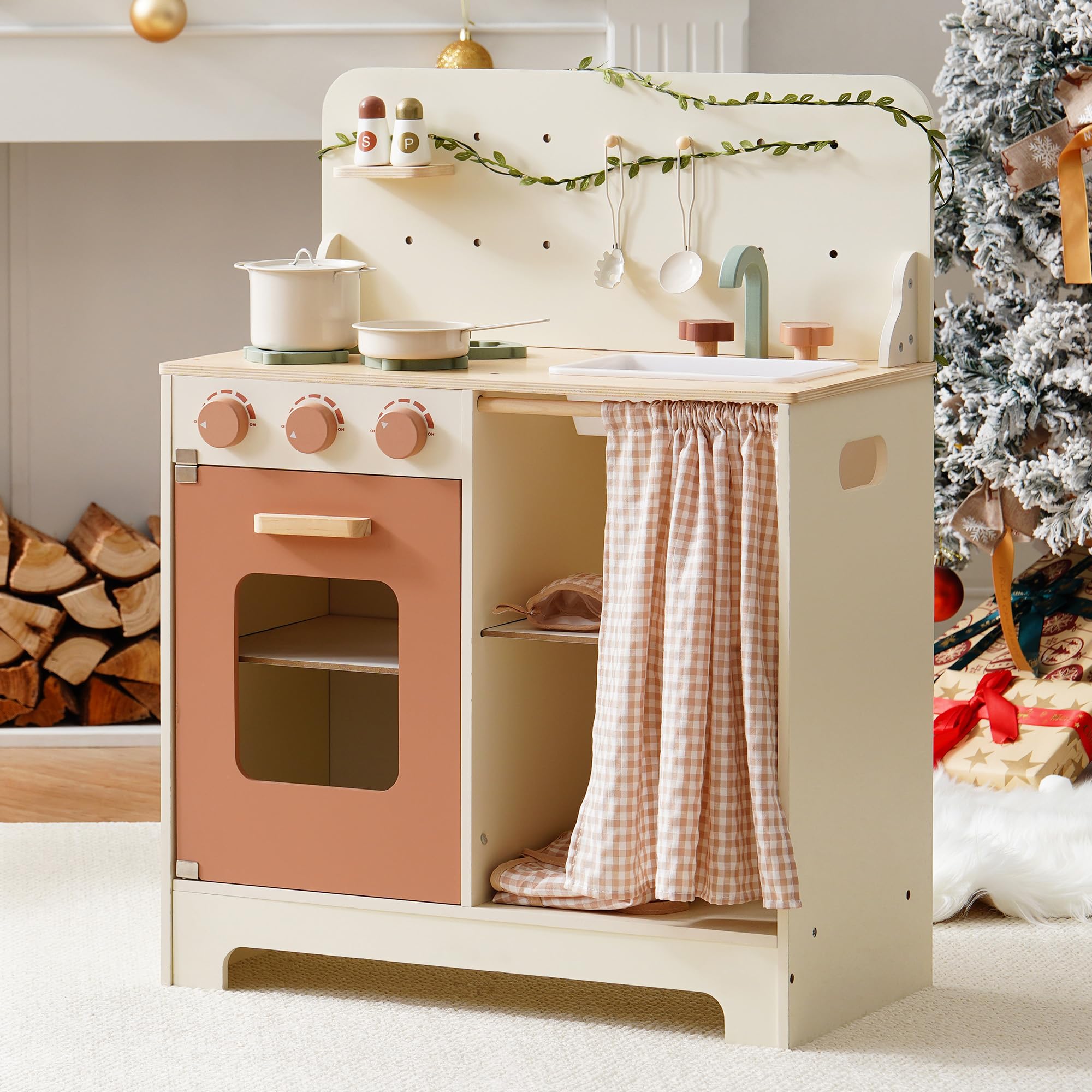 ROBOTIME Rustic Wooden Play Kitchen Set for Kids - Pretend Play Kitchen with Leaf Light String, Apron, and Gloves, Perfect for Toddlers 3+ (Rustic Style) - Ideal for Home, Preschool, and Daycare Pretend Play