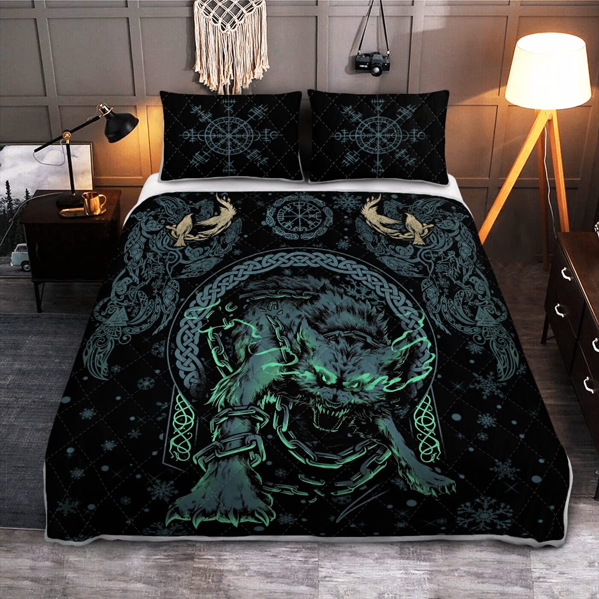 Viking Fenrir Wolf Quilt Bed Set - Norse Mythology Inspired Bedding Collection (Twin/Queen/King Size) | Soft Viking Throw Blanket for Bedroom Decor | Perfect Gift for Viking Lovers & Norse Culture Enthusiasts | Cozy Home Decor for Winter Nights & Medieval Themed Rooms