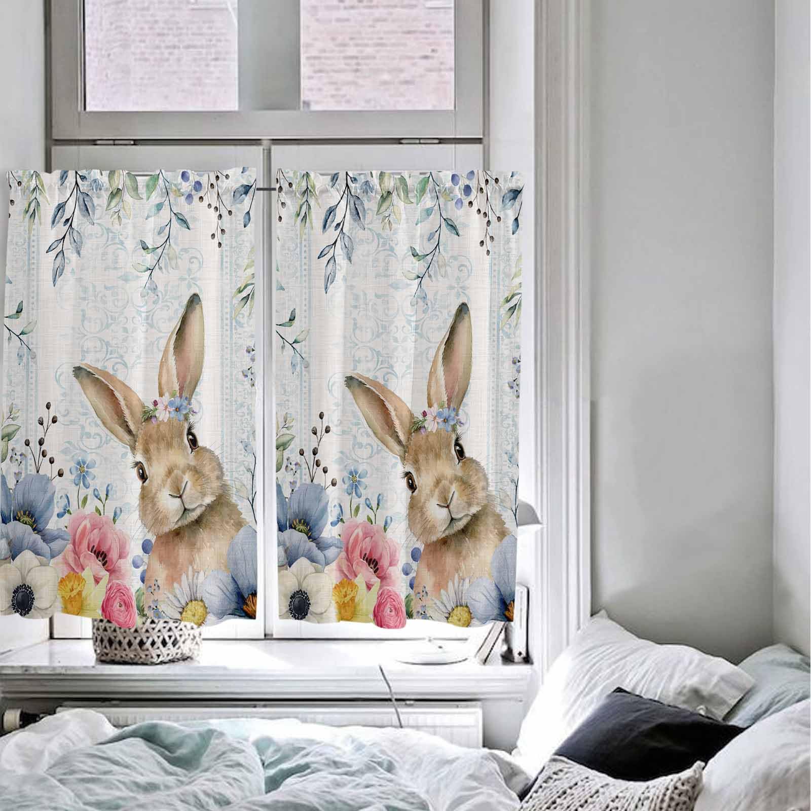 Easter Bunny Spring Floral Window Curtains - 2 Panels Semi Sheer Tier Curtains 27.5