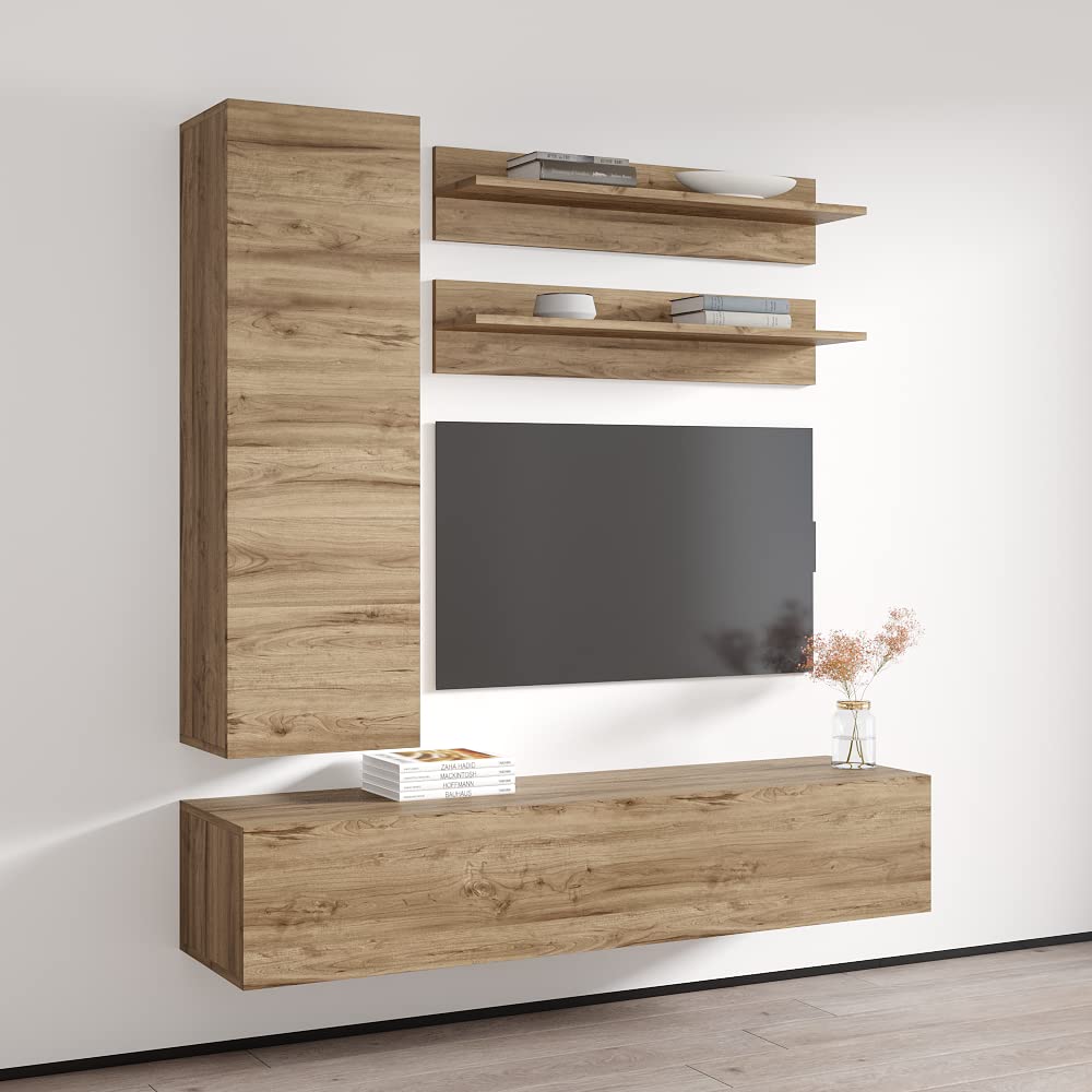 Modern Oak Floating TV Stand with Storage & LED Lights - Wall-Mounted Entertainment Center Console for Living Room & Bedroom - Space-Saving Media Shelf with Adjustable Shelves - Perfect for Small Apartments & Home Theater Setups