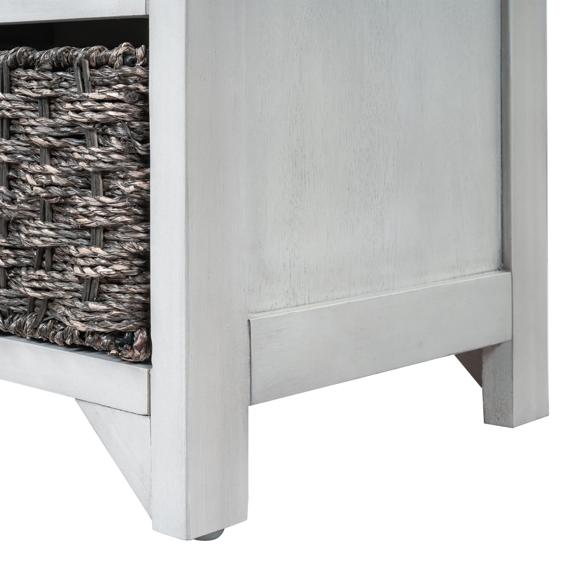 Wooden Storage Bench with 2 Drawers & Wicker Basket - Fully Assembled Entryway Bench with Removable Cushion - Hallway Shoe Bench for Living Room, Bedroom & Entryway Organization (Light Grey)
