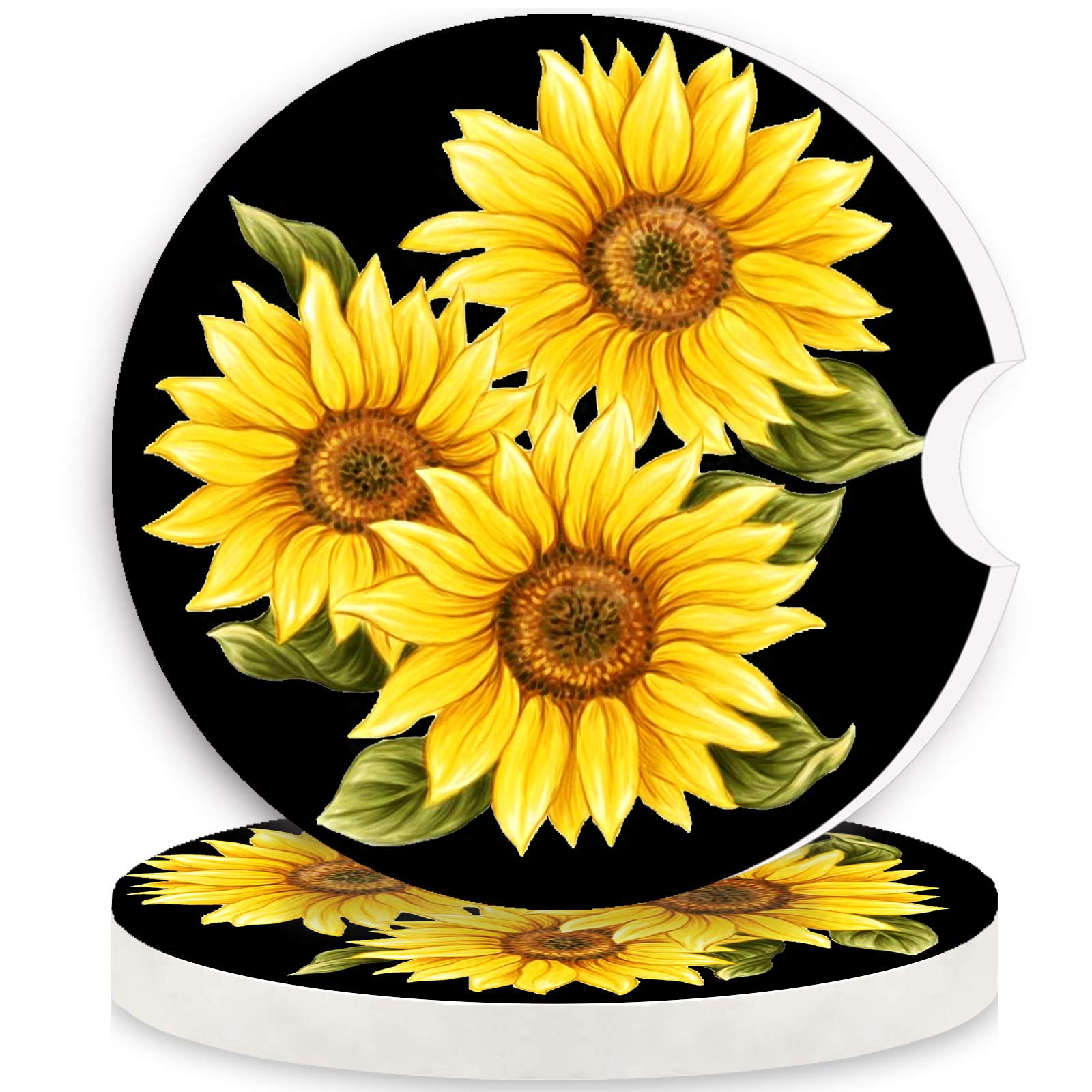 Stone Black Car Coasters - 2 Pack Absorbent Ceramic Cup Holder Coasters with Finger Notch & Easy Clean (Sunflower Design) | Perfect for Cars, Offices & Home Use