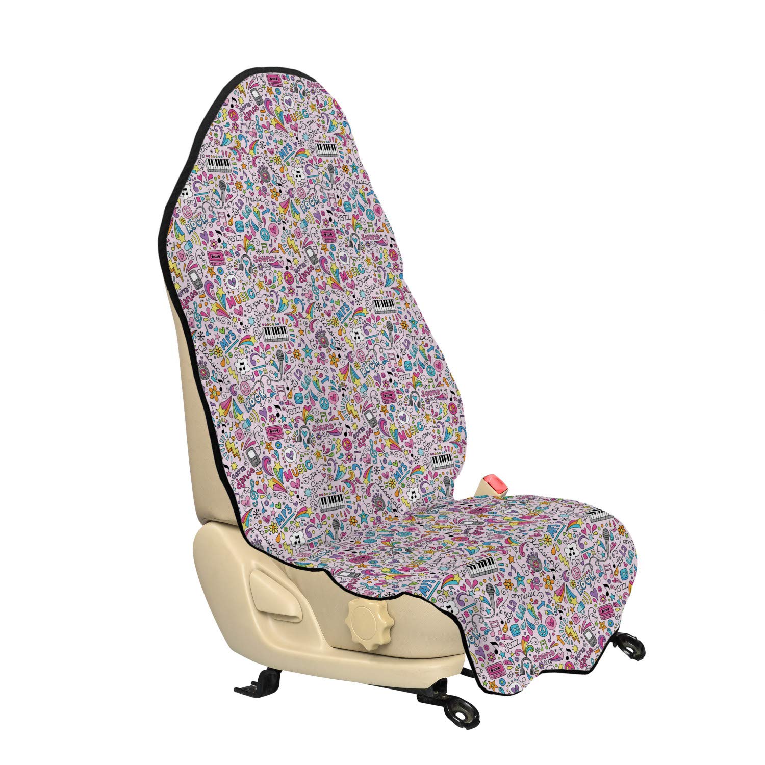 Ambesonne Cartoon Car Seat Hoodie - Pastel Music Keyboard & Speaker Design, Non-Slip Universal Car Seat Cover Protector (30