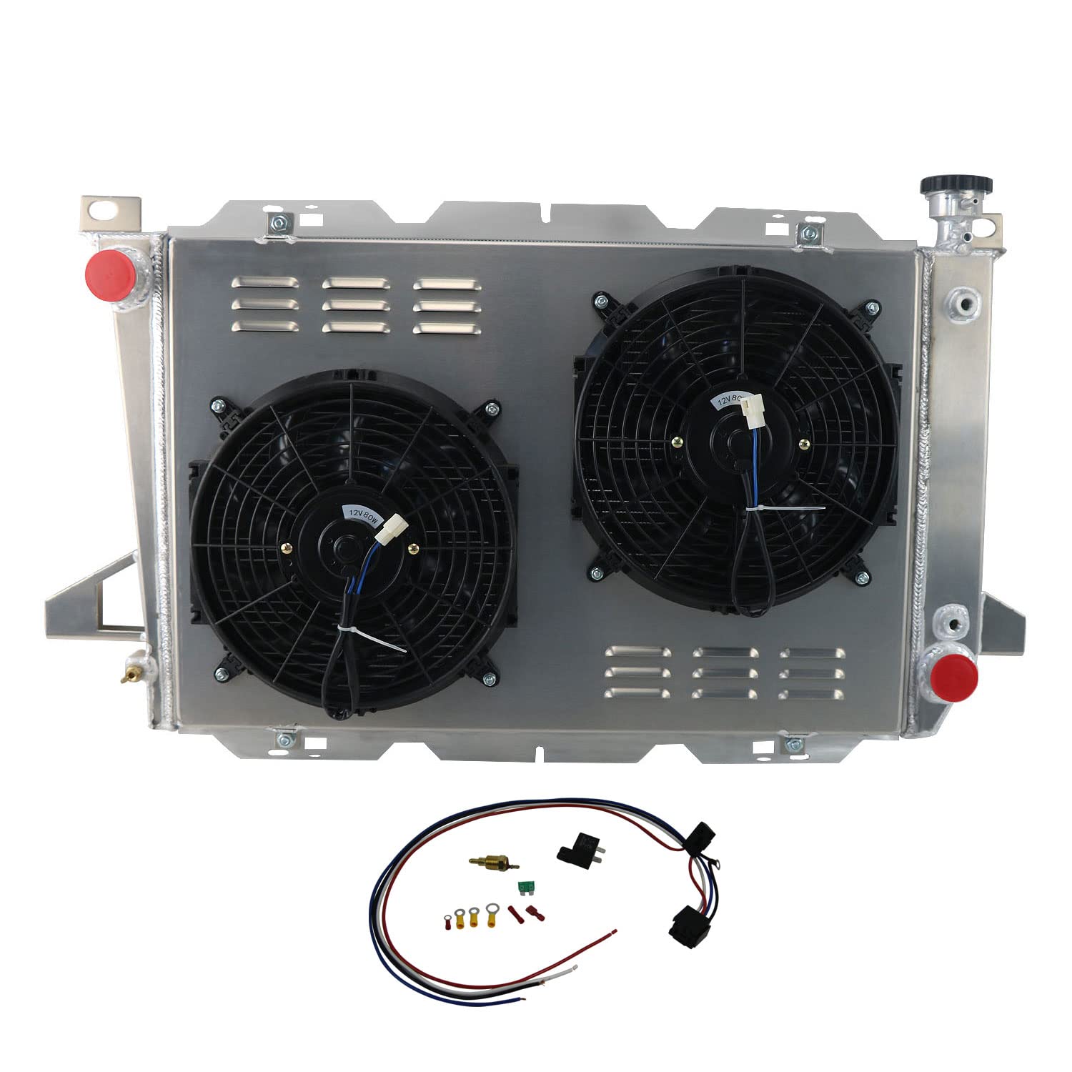 High-Performance Aluminum Radiator for 1985-1996 Ford F150 F250 F350 & Bronco - 3 Row Crossflow Design with Shroud Fan & Relay Kit - Perfect for Off-Roading, Towing & Engine Cooling Upgrades