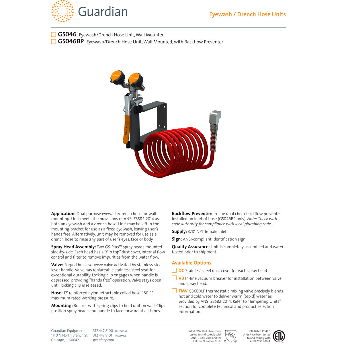 Guardian G5046BP Wall Mounted Eyewash & Drench Hose Unit with Backflow Preventer - Emergency Eye Wash Station for Laboratories, Factories & Industrial Safety