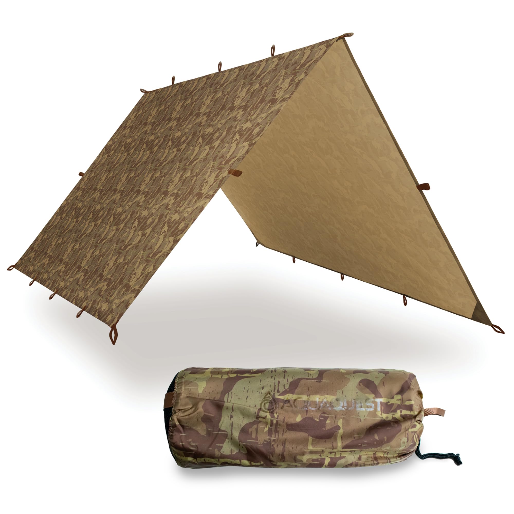 AquaQuest Defender Heavy Duty Waterproof Camping Tarp - 10x10 ft True Terrain Camo Tent Shelter & Rain Fly for Hiking, Bushcraft, Hammock - Perfect for Outdoor Adventures, Emergency Shelter & Backpacking Gear