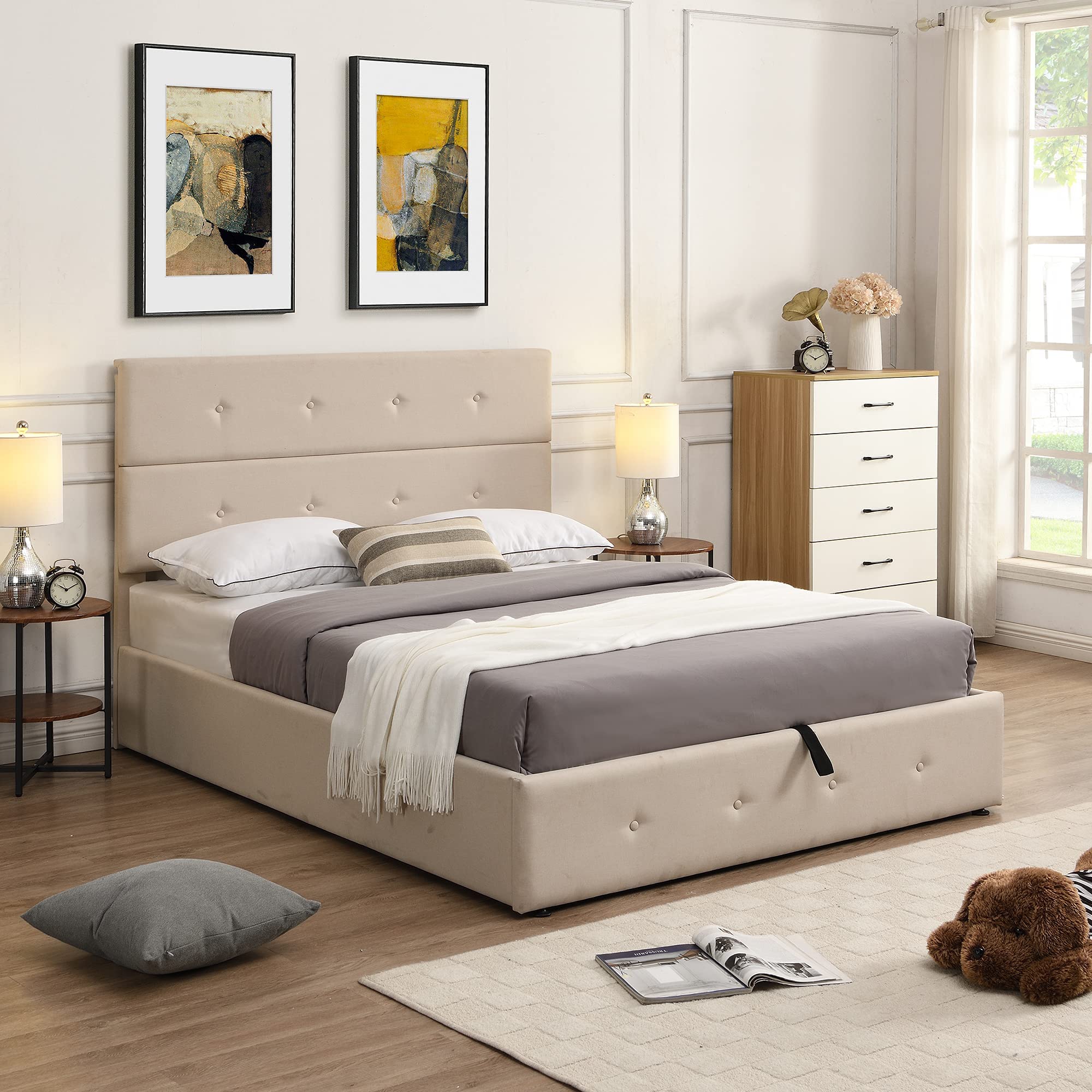 Merax Full Size Upholstered Platform Bed with Wooden Slat Support & Under Bed Storage - Beige Modern Bed Frame for Small Spaces, Guest Rooms & Apartments