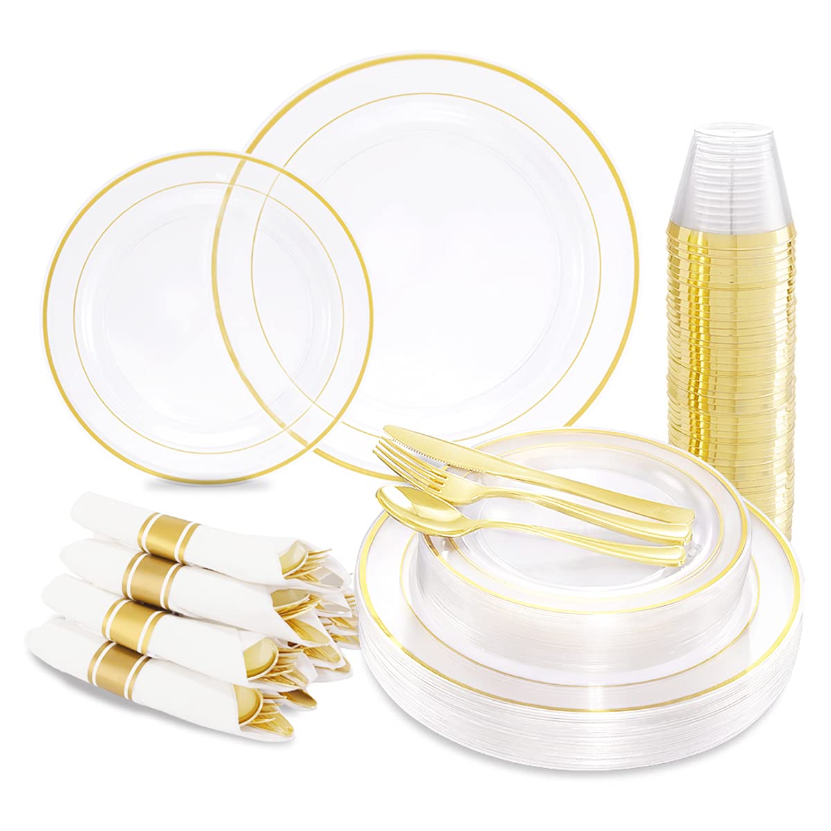 210-Piece Clear Gold Plastic Dinnerware Set - 30 Gold 10.25