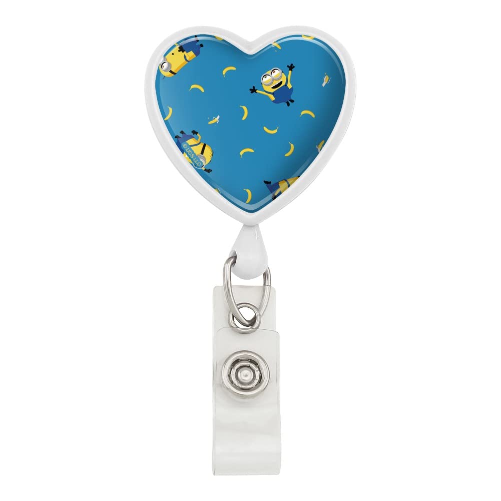 Minions Banana Pattern Heart Lanyard with Retractable Reel - Cute ID Badge Holder for Work, School & Events - Fun Office Accessories & Teacher Gifts