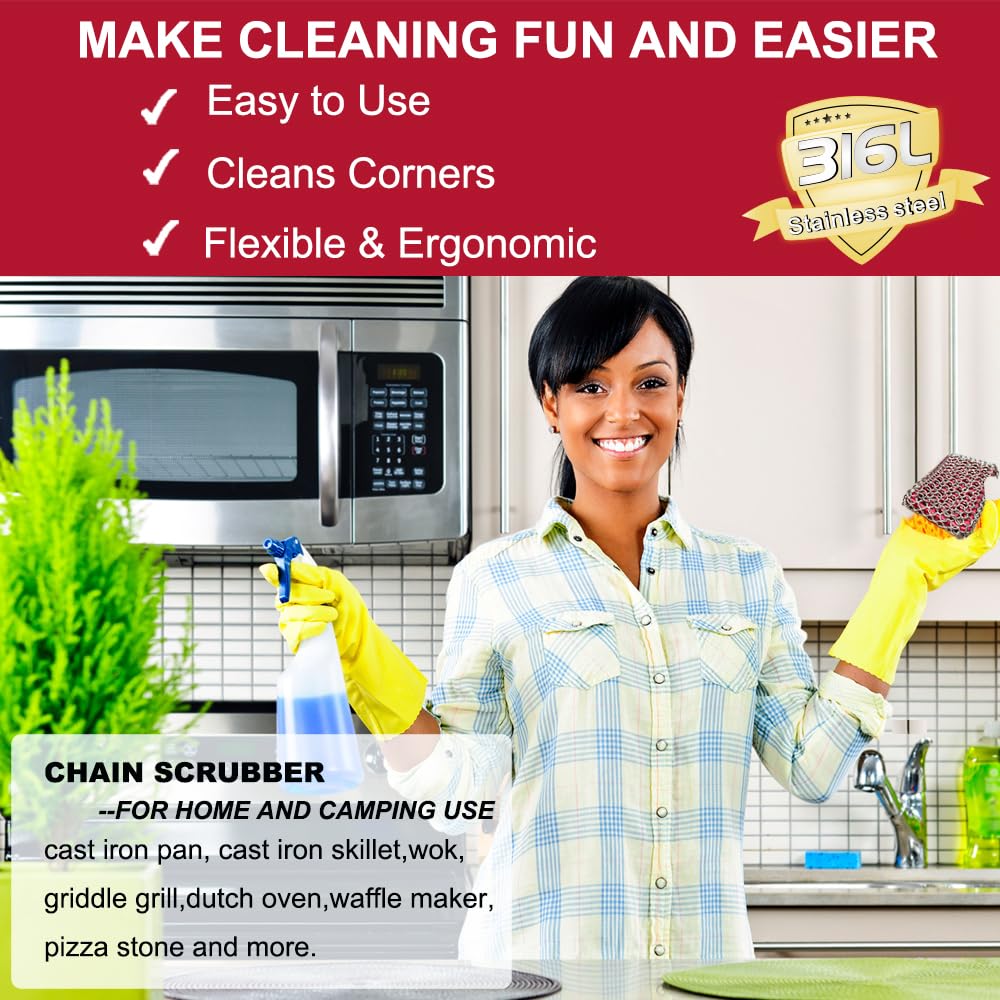 **Premium 316 Stainless Steel Chainmail Scrubber with Red Silicone Grip - Heavy Duty Cast Iron Pan Cleaner & Skillet Scrubber - Perfect for Grill, Dutch Oven, and Carbon Steel Cookware Cleaning**