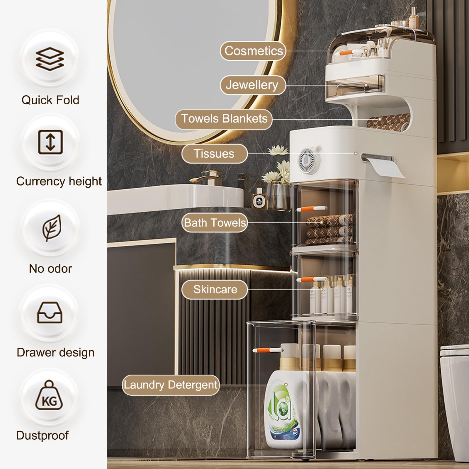 4-Tier Slim Plastic Bathroom Organizer Cabinet with Drawers - Space-Saving Narrow Toilet Paper Holder Stand for Small Bathrooms | Perfect for Apartment, RV & Compact Spaces