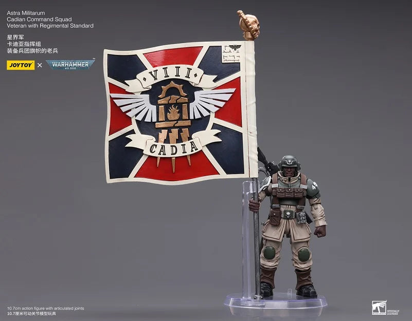 JOYTOY Warhammer 40K Astra Militarum Cadian Command Squad Veteran with Regimental Standard - Premium 28mm Scale Miniature for Tabletop Wargaming & Collectors