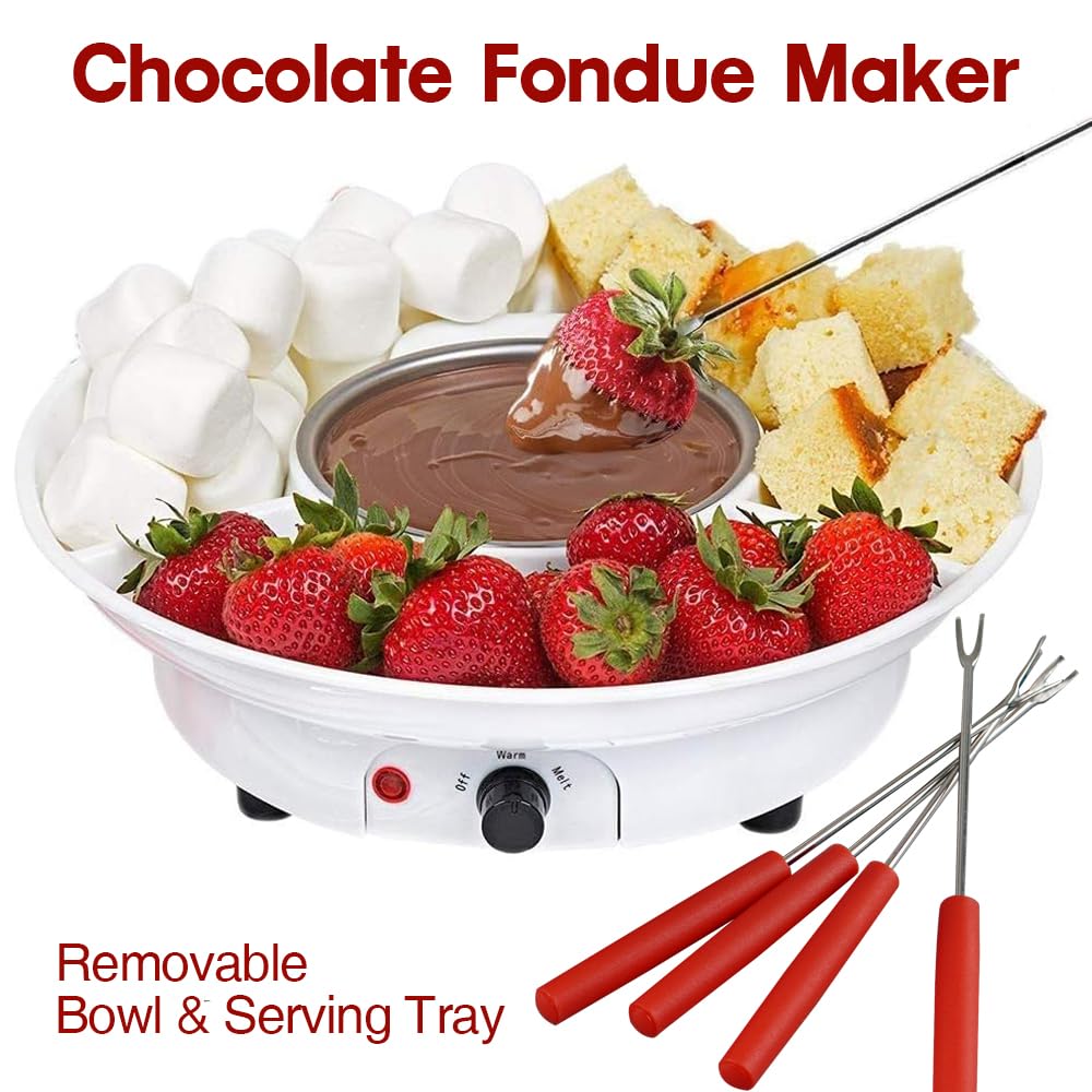 Premium 110V Electric Chocolate Fondue Maker Set with 4 Stainless Steel Forks & Serving Tray - Fast Melting for Parties, Valentine's Day & Family Dessert Nights