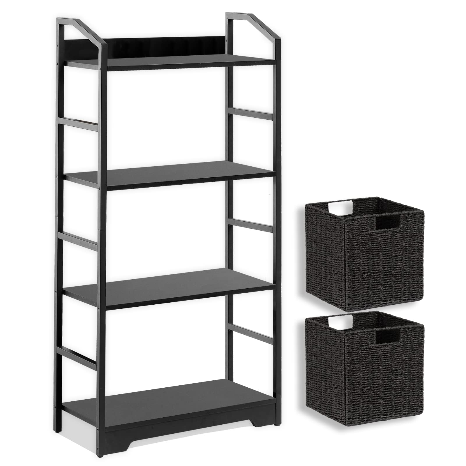 4-Tier Wooden Bookshelf with 2 Storage Drawers - Modern Metal Bookcase Organizer for Bedroom, Living Room & Office - Black - Perfect for Storing Books, Decor & Office Supplies