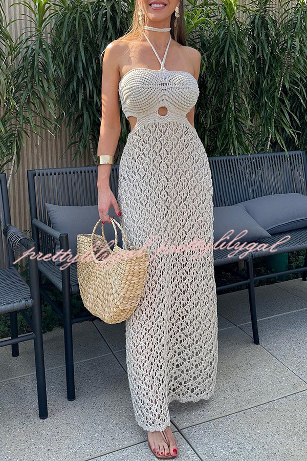 Elegant Sunset Beach Stroll Knit Texture Cutout Detail Halter Stretch Maxi Dress - Perfect for Summer Vacations, Beach Weddings & Boho Chic Outfits