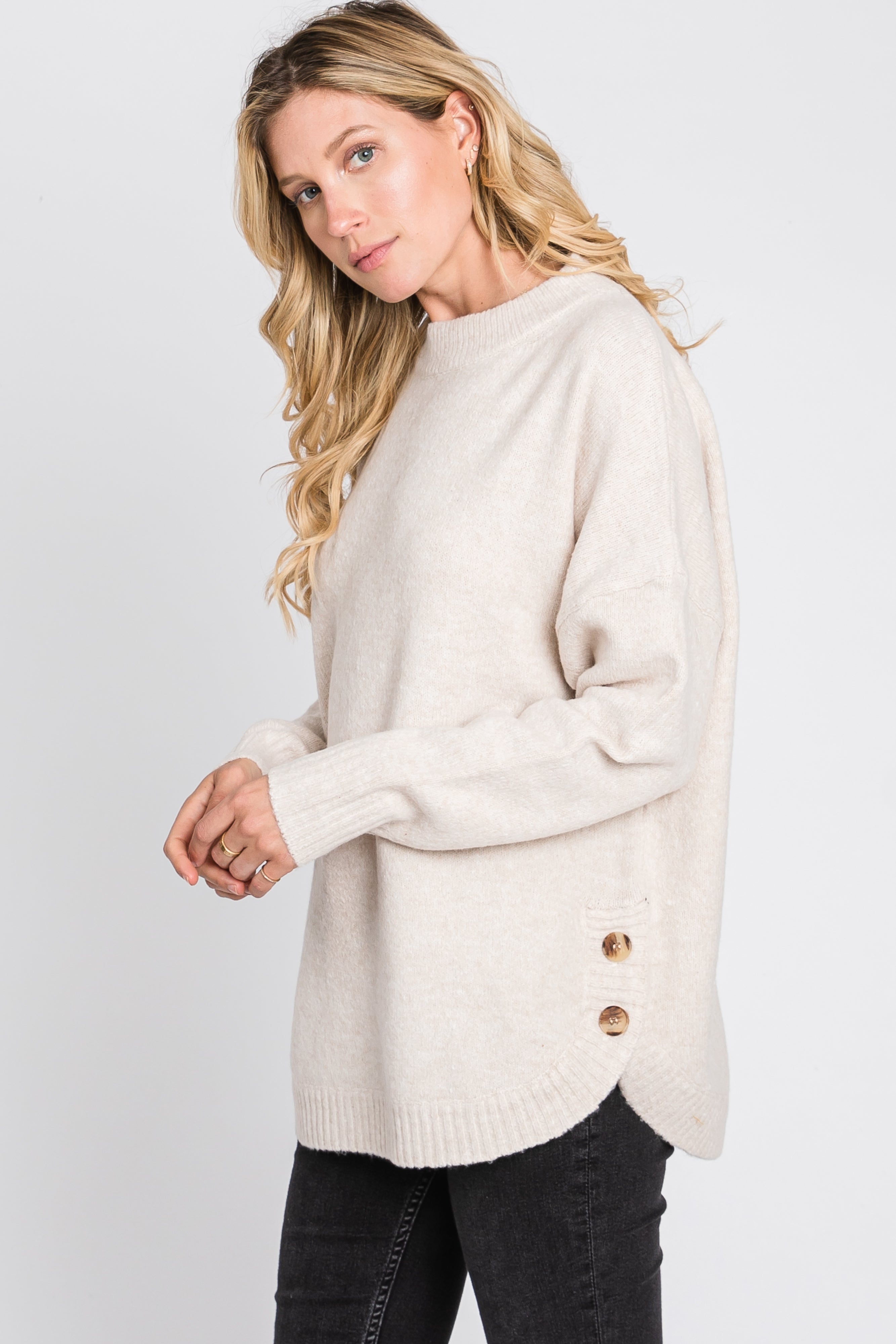 Beige Button Accent Sweater for Women - Cozy Knit Cardigan with Front Buttons | Perfect for Fall Layering, Office Wear & Casual Outfits