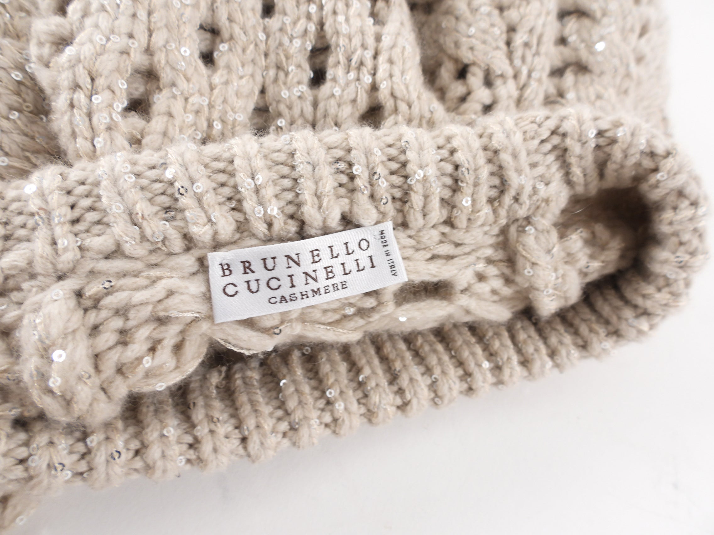 Brunello Cucinelli Beige Open Knit Cashmere Sequin Sweater for Women - Size S (4/6) | Luxury Cashmere Pullover with Sequins | Perfect for Fall & Winter Outfits, Office Wear & Special Occasions