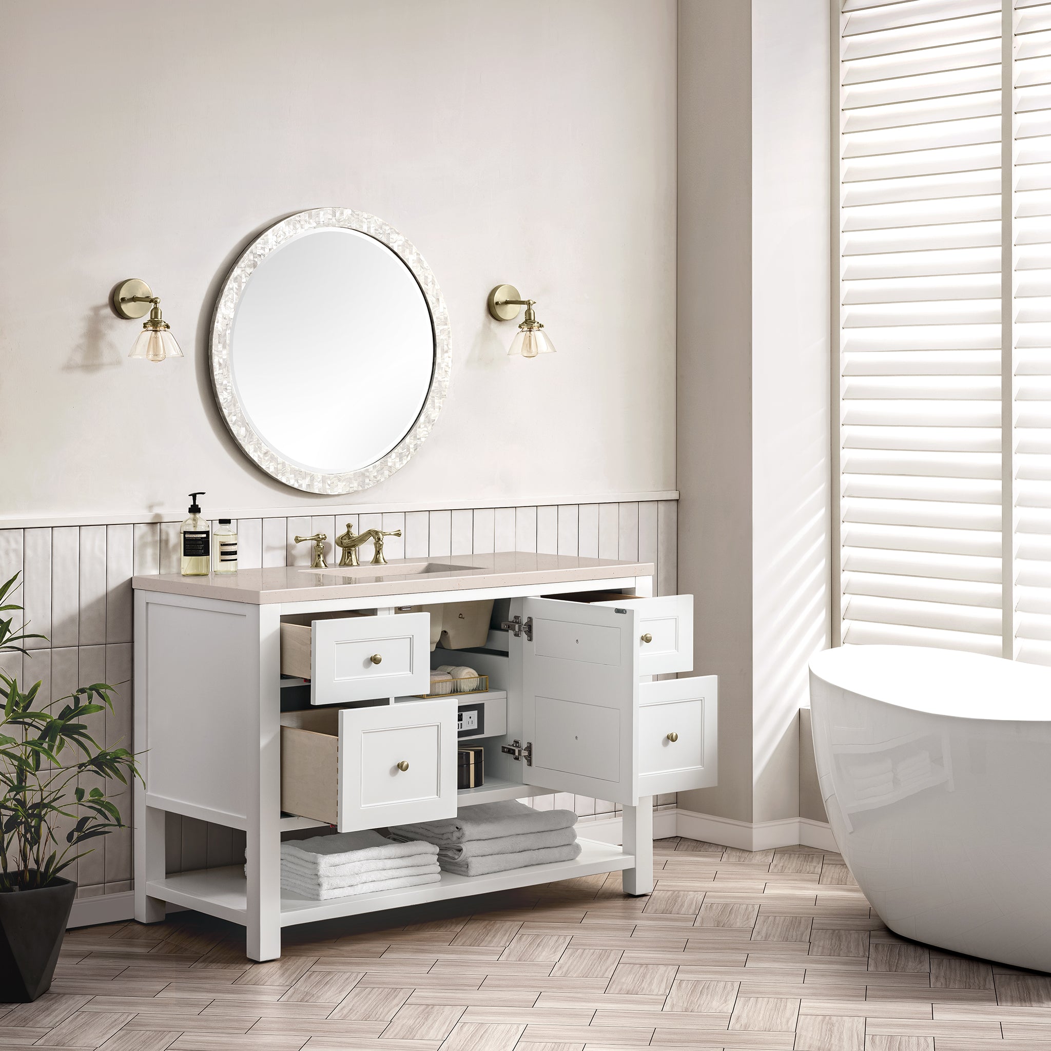 Breckenridge 48 Inch Single Bathroom Vanity Set with Bright White Finish & 3CM Eternal Marfil Stone Top - Perfect for Modern Master Bathrooms & Guest Powder Rooms