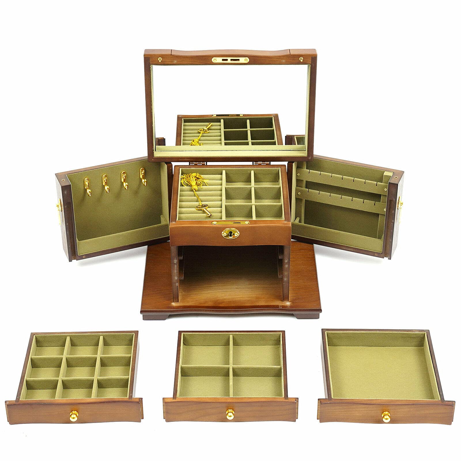 Vintage Wooden Jewelry Box with Mirror & Lock - 4-Tier Jewelry Organizer for Earrings, Rings, Necklaces - Wooden Jewelry Cabinet with Drawers for Bracelets & Watches - Perfect for Bedroom Dresser & Vanity Display