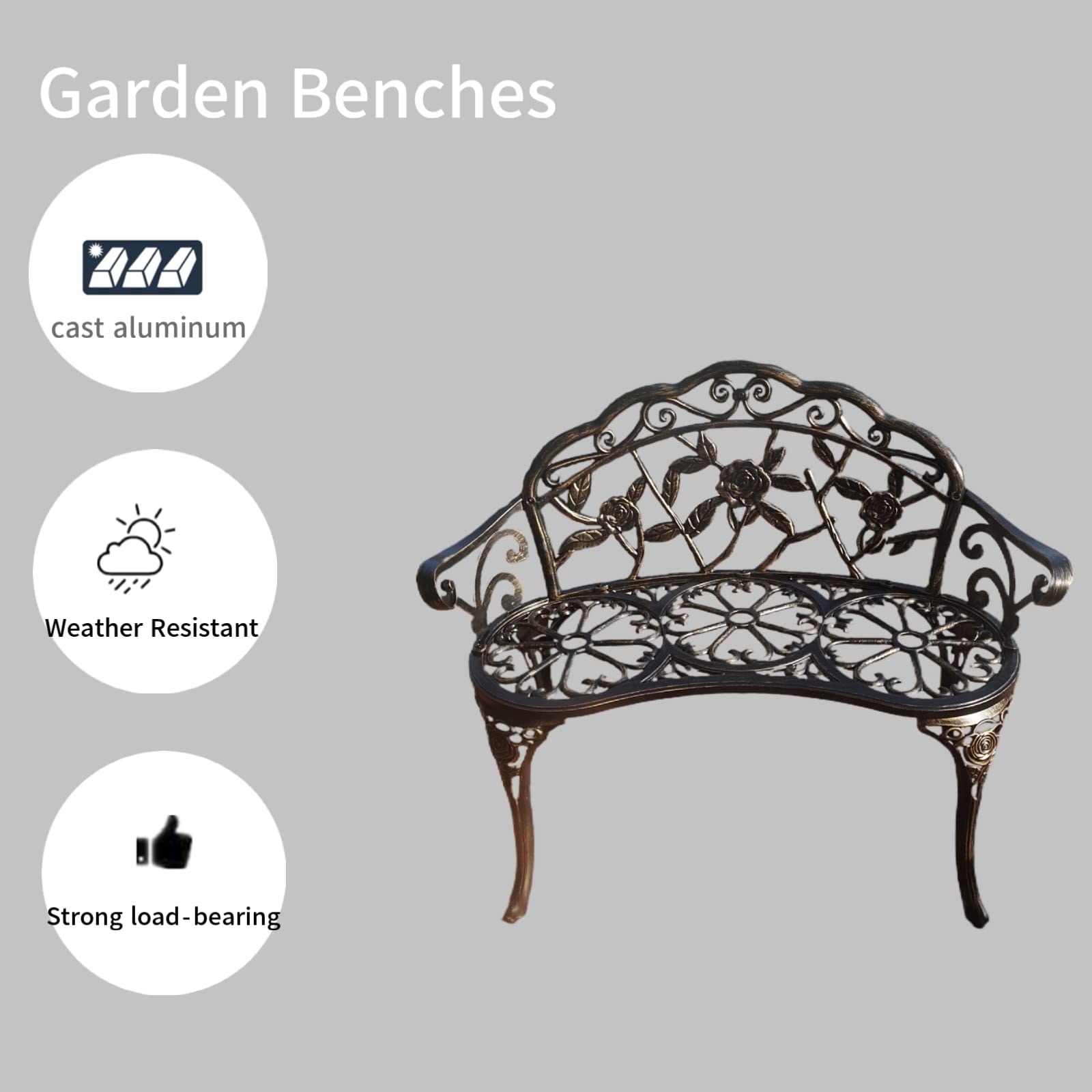 KAILI Metal Aluminum Garden Bench - Rust-Resistant Outdoor Seating for Garden, Porch, Park, Balcony & Front Yard (Bronze Finish) - Perfect for Relaxing, Entertaining & Enhancing Outdoor Spaces