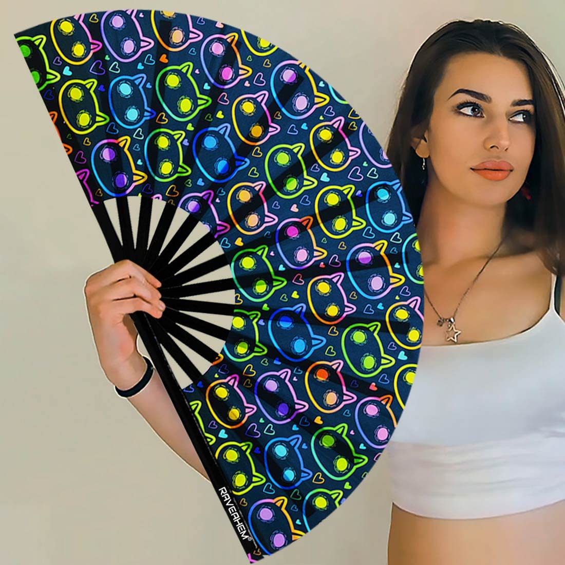UV Glow Rave Fan - Bamboo Folding Clack Hand Fan for Men & Women (Cute Cat Design, Large 13 Inch) - Perfect for Raves, Concerts, Festivals & Summer Cooling