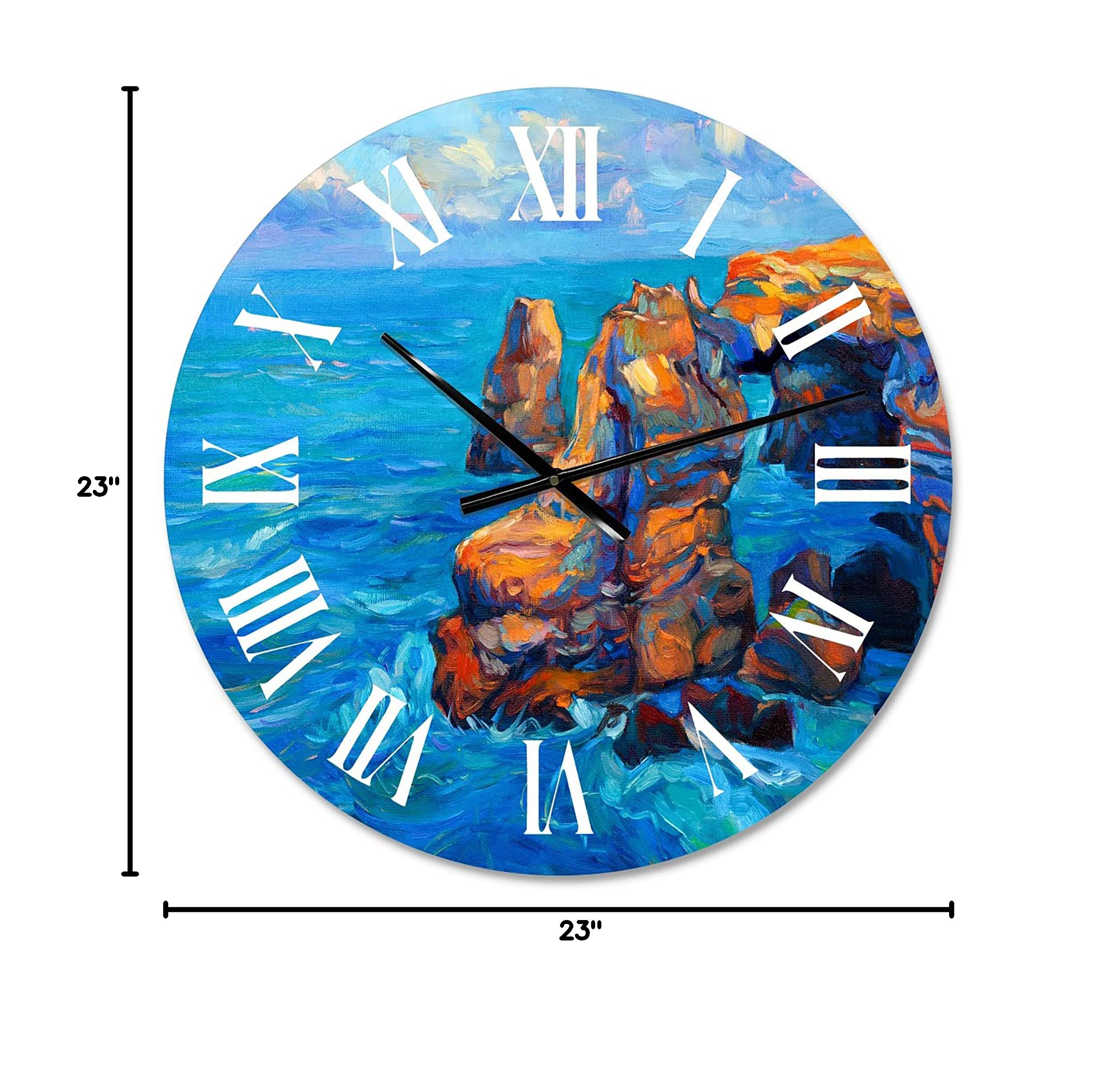 DesignQ Nautical Coastal Wall Clock - 'Cliffs by The Blue Ocean' Round Clock for Home & Office Decor | Perfect for Beach House, Living Room, Kitchen & Coastal-Themed Spaces