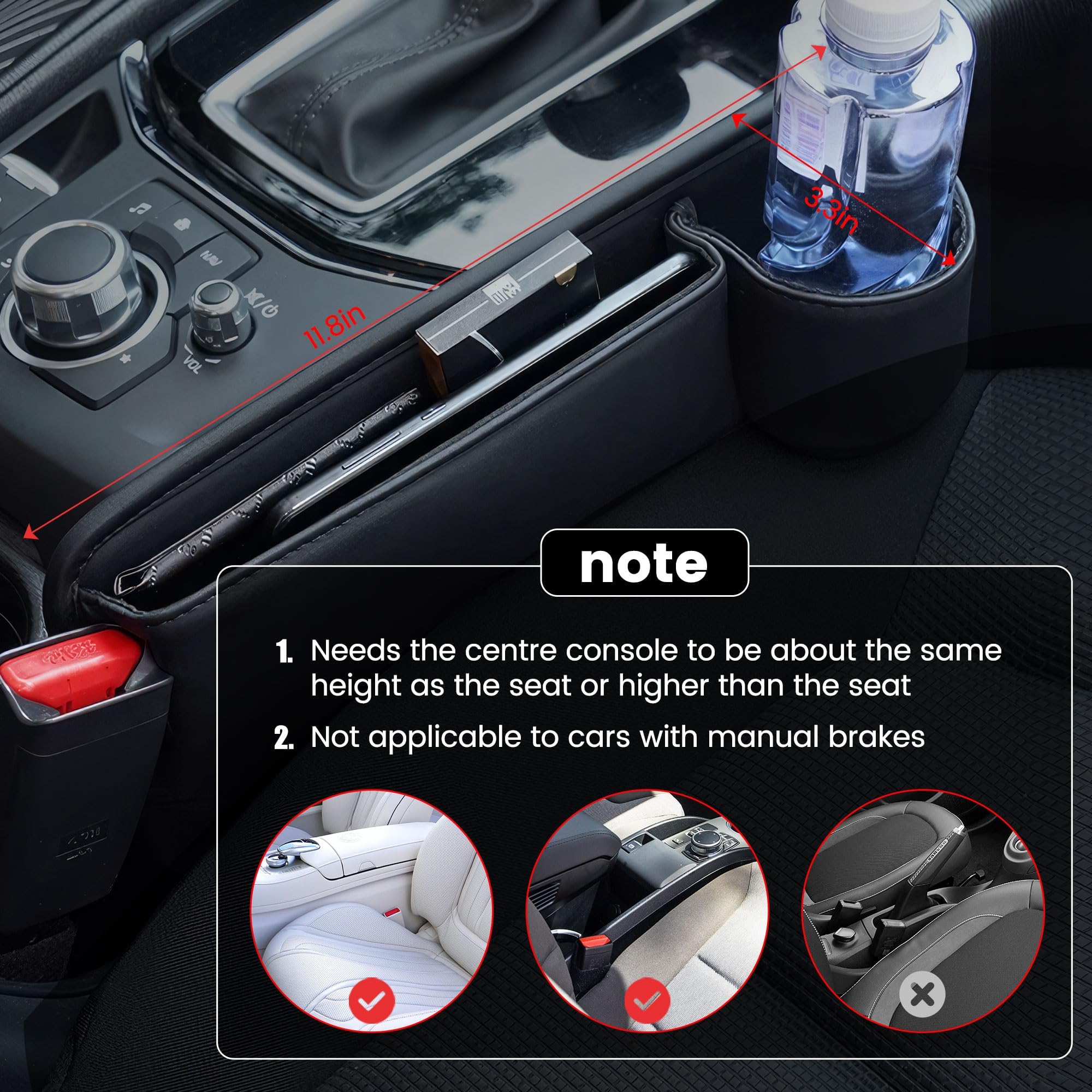 2 Pack Car Leather Cup Holder Gap Organizer - Black Seat Gap Filler Storage Box for Driver & Passenger | Perfect for Phones, Keys, Wallets & Small Items | Ideal for Sedans, SUVs & Trucks