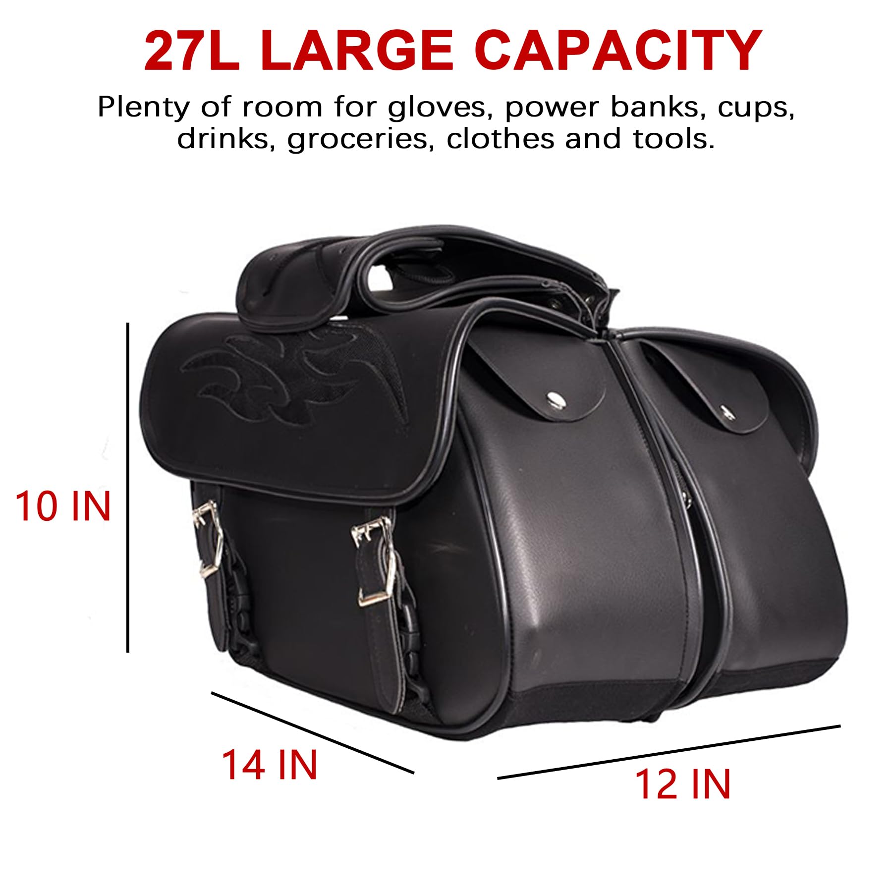 Dream Apparel Faux Leather Motorcycle Saddle Bags - Waterproof PVC Throw Over Side Bags for Honda Shadow, Sportster, Softail & Dyna V-Star Cruisers (Black No Studs) - Perfect for Road Trips & Daily Commuting