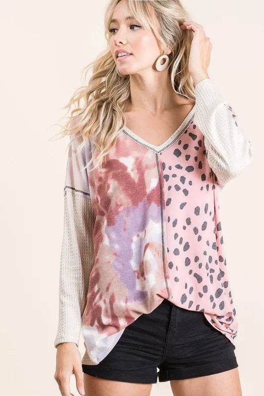 Bibi Print Block V-Neck Top with Contrast Stitching in Blush Pink | Women's Fashion Blouse for Casual Wear, Office Outfits & Date Nights