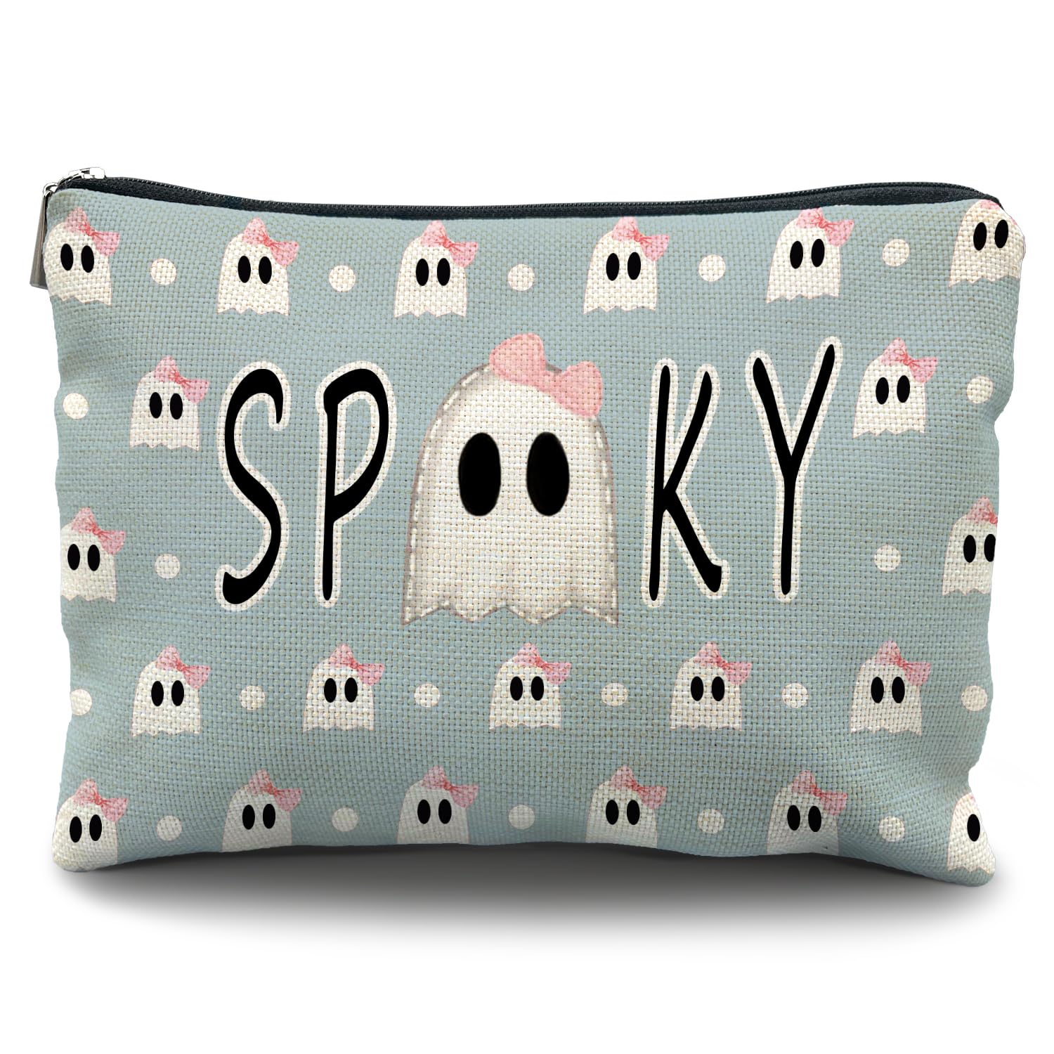 Blue & Pink Bow Halloween Makeup Bag for Women - Spooky Cosmetic Pouch - Perfect for Halloween Party, Travel & Gift Giving