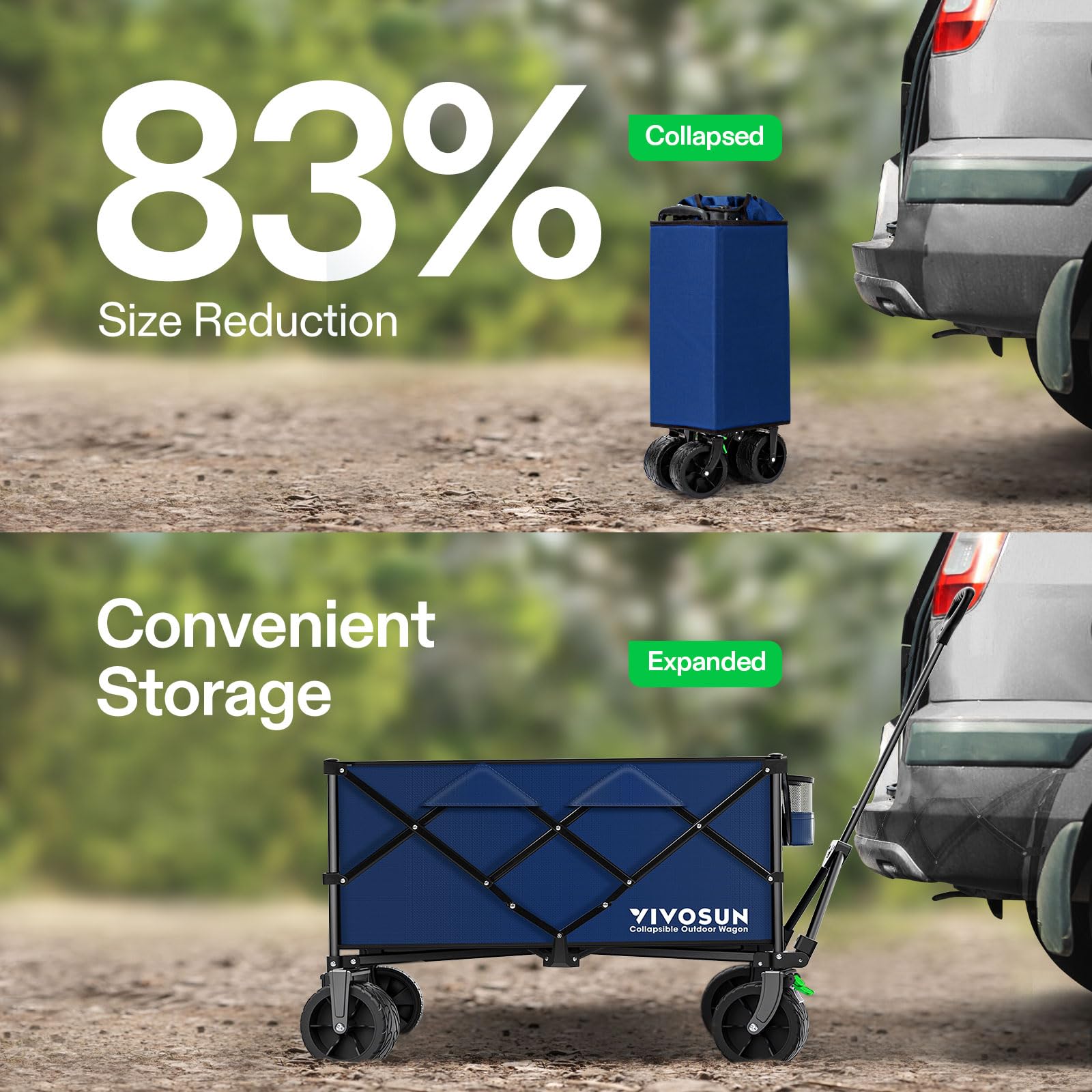 VIVOSUN Collapsible Folding Wagon Cart with All-Terrain Wheels - Adjustable Handle, Cup Holders & Storage Pockets - Perfect for Beach, Camping, Shopping, Picnics, Gardening & Outdoor Activities - Heavy Duty Utility Wagon for Sand, Grass & Rough Terrain - Portable Blue Folding Cart