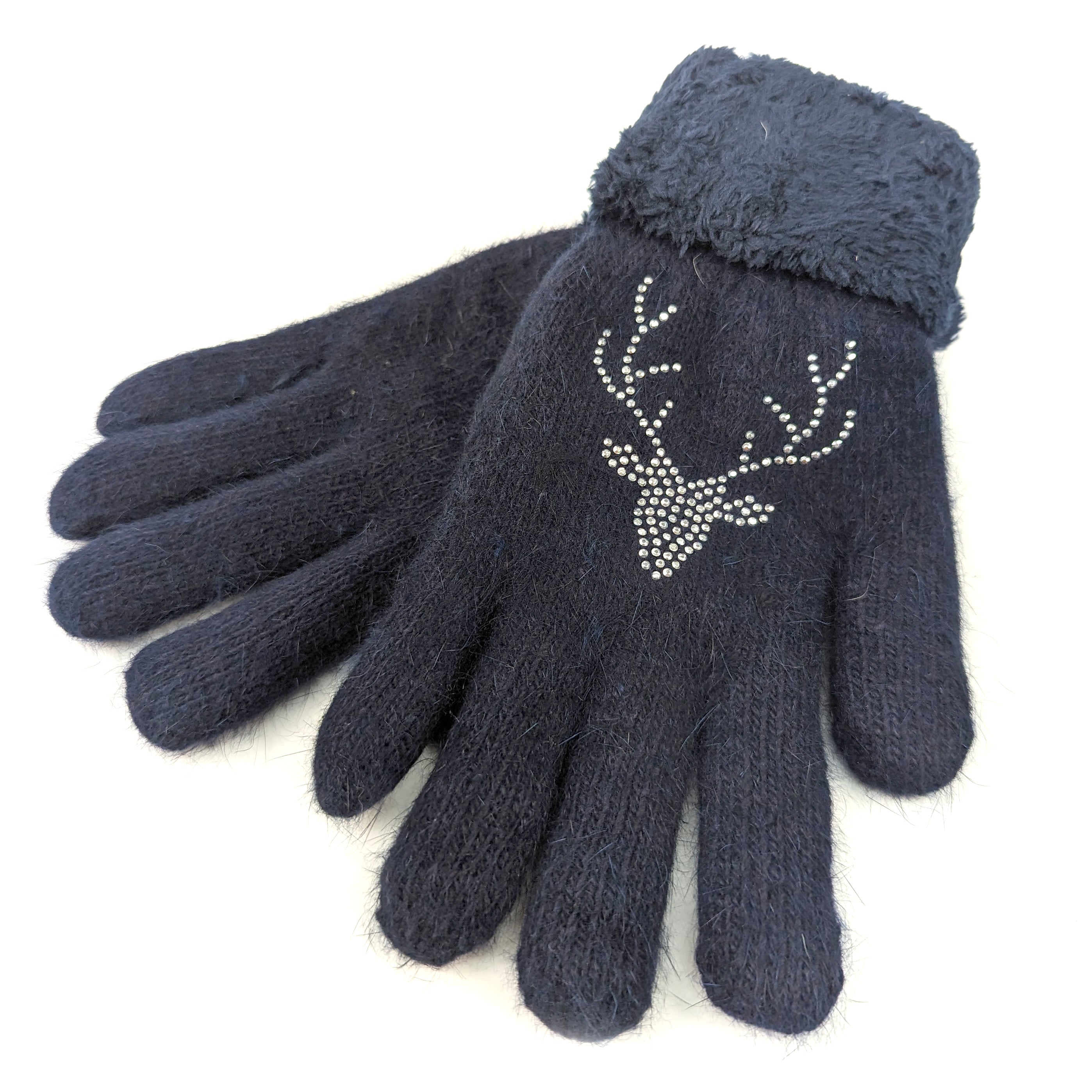 Stylish Stag Faux Fur Gloves for Women - Navy Blue Winter Warm Gloves for Outdoor Activities, Skiing & Cold Weather Fashion Accessories