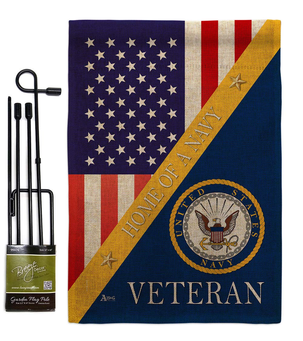 US Navy Burlap Garden Flag Set with Stand - Military Veteran Yard Decor for Patriotic Homes