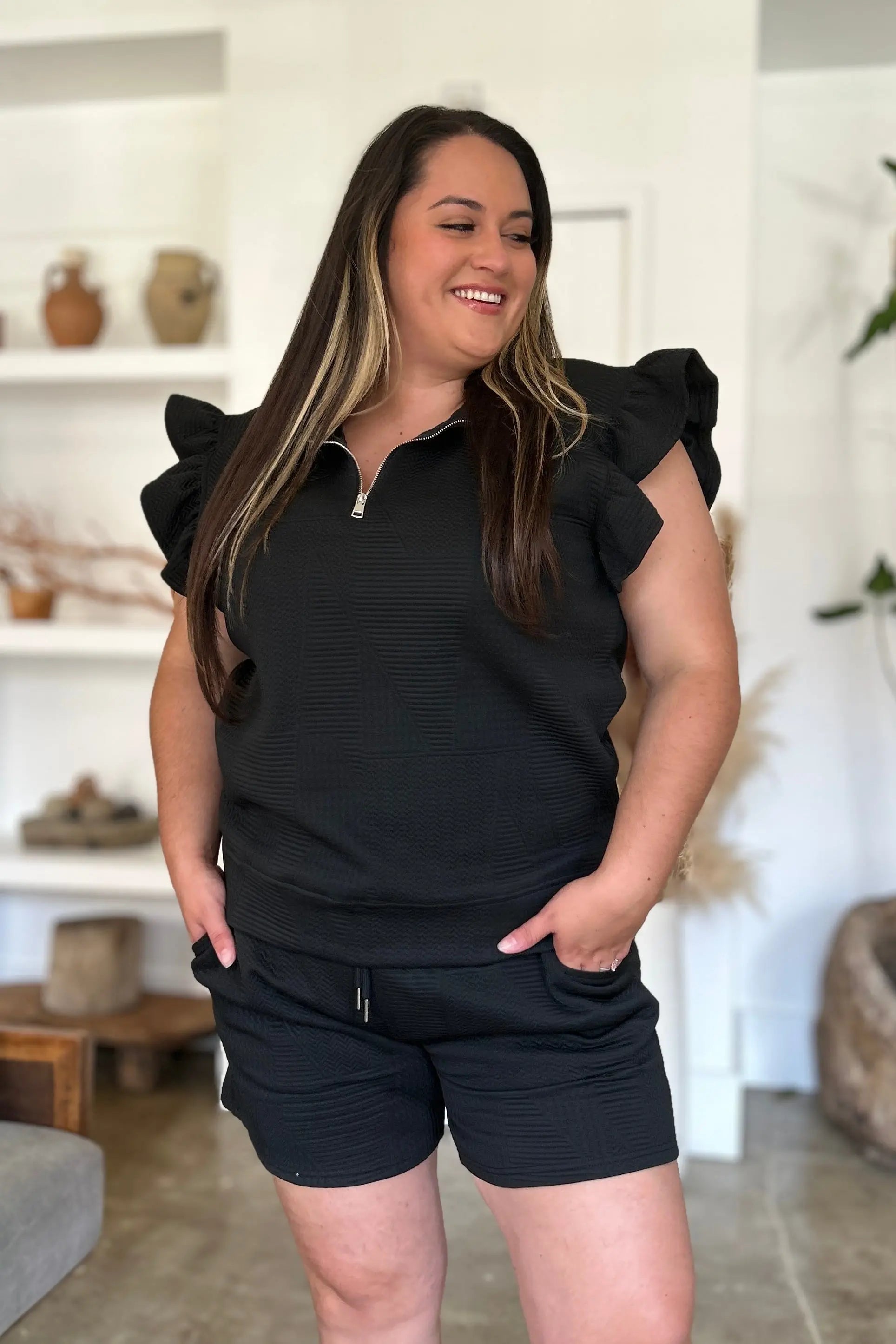 Double Take Full Size Textured Flounce Sleeve Top and Shorts Set - Women's Casual Summer Outfit for Beach, Vacation & Date Night