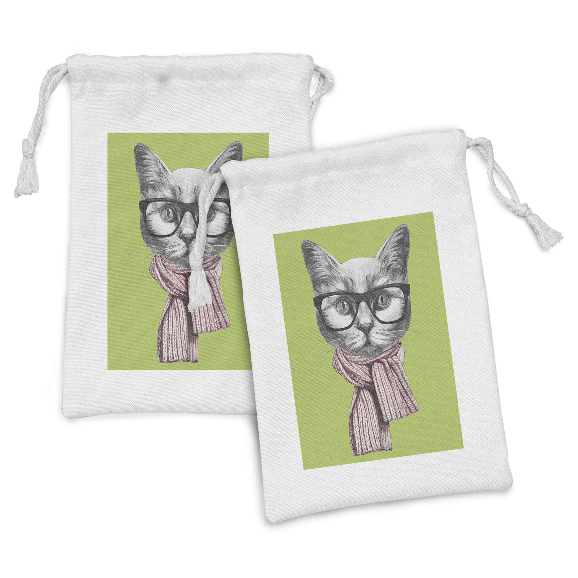 Ambesonne Cat Fabric Pouch Set of 2 - Hipster Nerdy Cat with Glasses & Scarf Design - 9