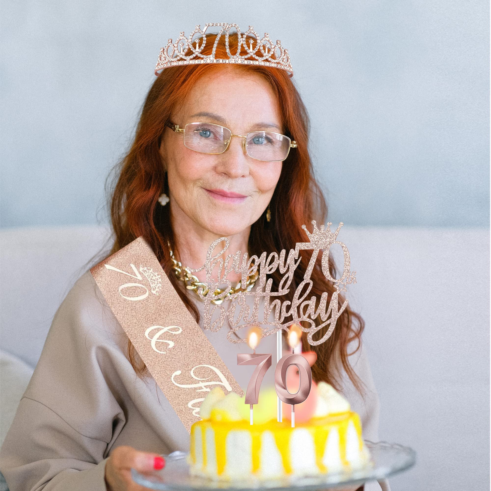 Bella Meri 70th Birthday Party Decorations Set for Women - Tiara Crown, Sash, Cake Toppers & Candles | Perfect for Milestone Celebrations, Retirement Parties & Golden Age Decor