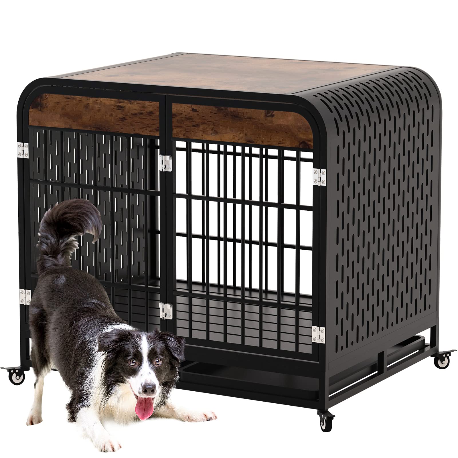 Snimoy Heavy Duty Wooden Dog Crate Furniture with Tabletop - Large Dog Cage for Small Medium & Big Dogs - Pet House Kennel with Removable Trays & Lockable Wheels | Indoor Outdoor Use for Home Office & Travel Decor