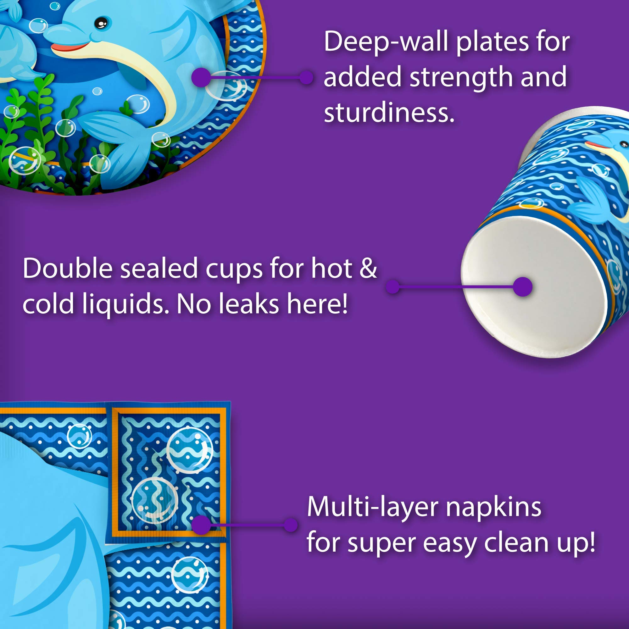 Dolphin Themed Birthday Party Supplies Set - 16-Piece Tableware Kit Includes Plates, Napkins & Cups for Kids Ocean Animal Party Decorations | Perfect for Under the Sea Birthday Celebrations, Baby Showers & Themed Events