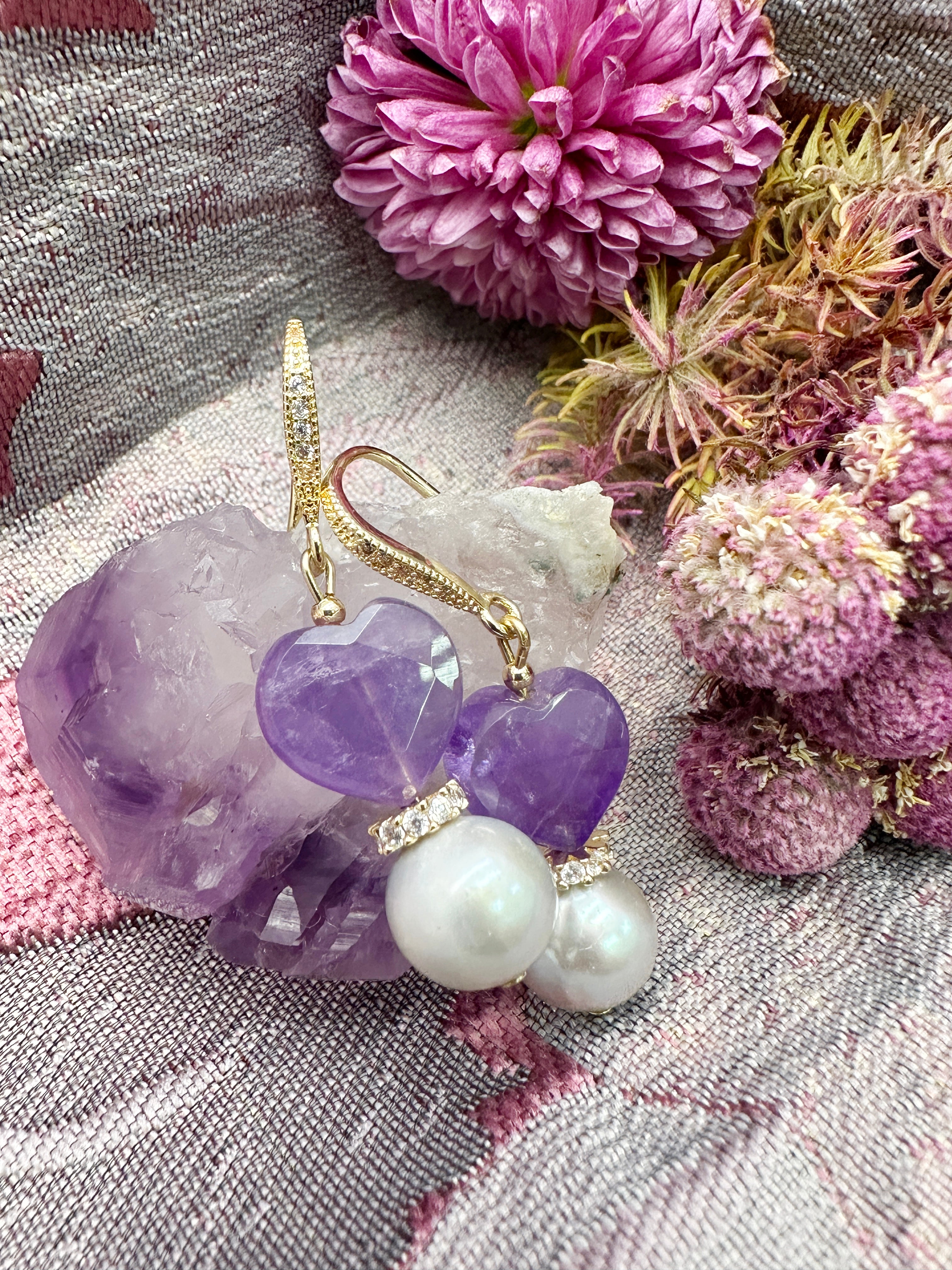 Heart Shaped Amethyst and Gray Freshwater Pearl Earrings for Women - LE010 - Elegant Dangle Earrings for Wedding, Party & Special Occasions
