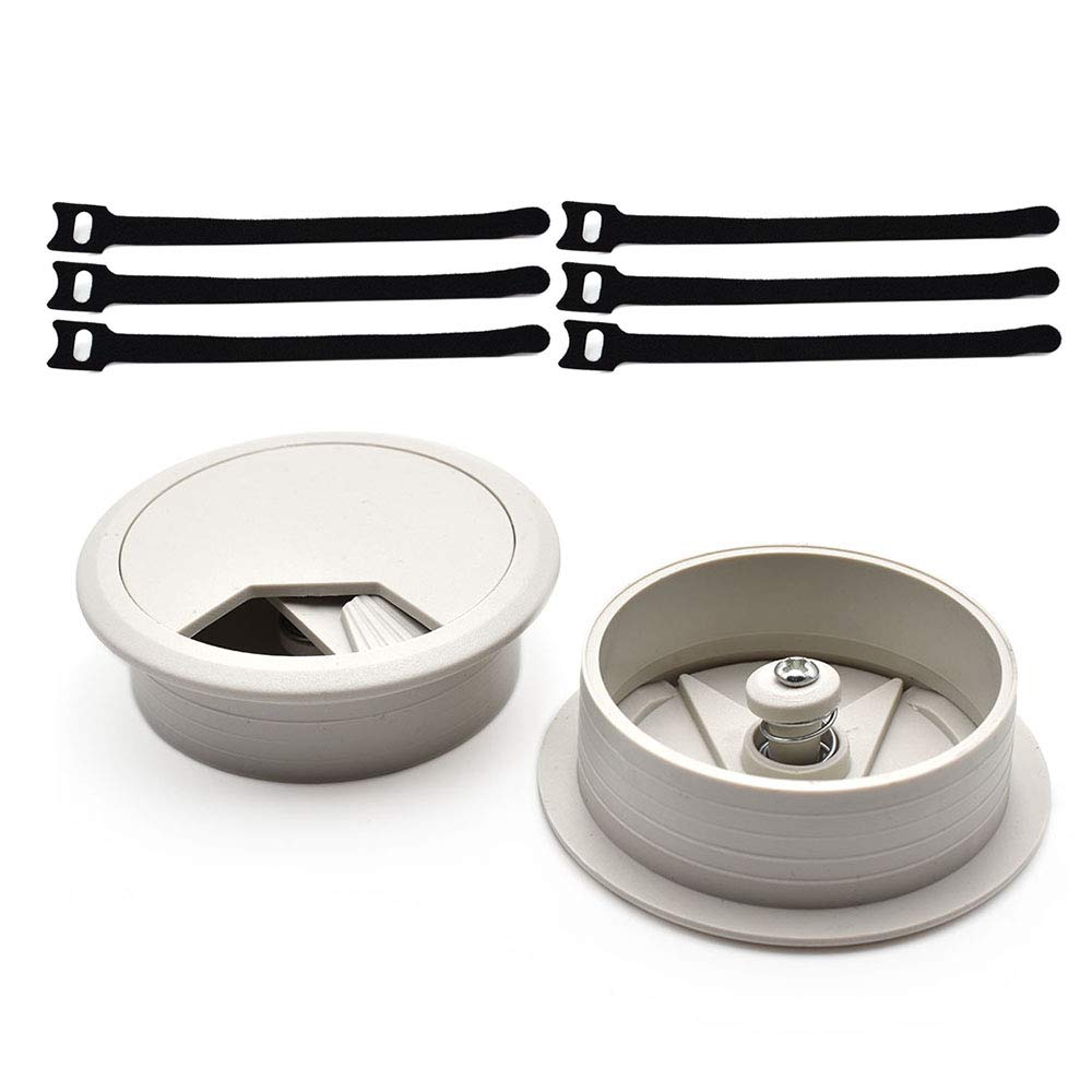 2 Inch (50mm) Grey Wire Grommets & Reusable Cable Ties Kit - ABS Plastic Desk Hole Cover & Cord Organizer for Computer Desk, Cabinet, Office (2pcs Grommets + 6pcs Ties) - Perfect for Cable Management & Workspace Organization