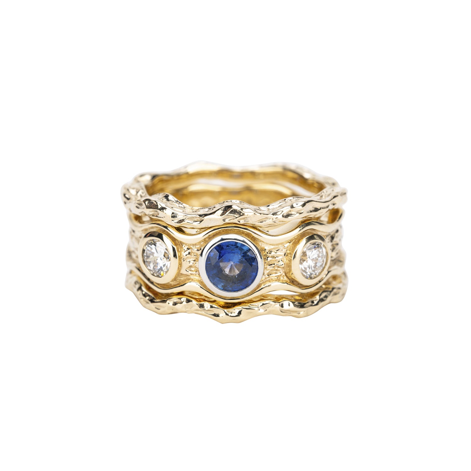 10K Gold Rocks n' Rivers Certified Lab Grown Diamond & Sapphire 3-Piece Ring Set | Elegant Wedding Band & Anniversary Jewelry Gift for Women