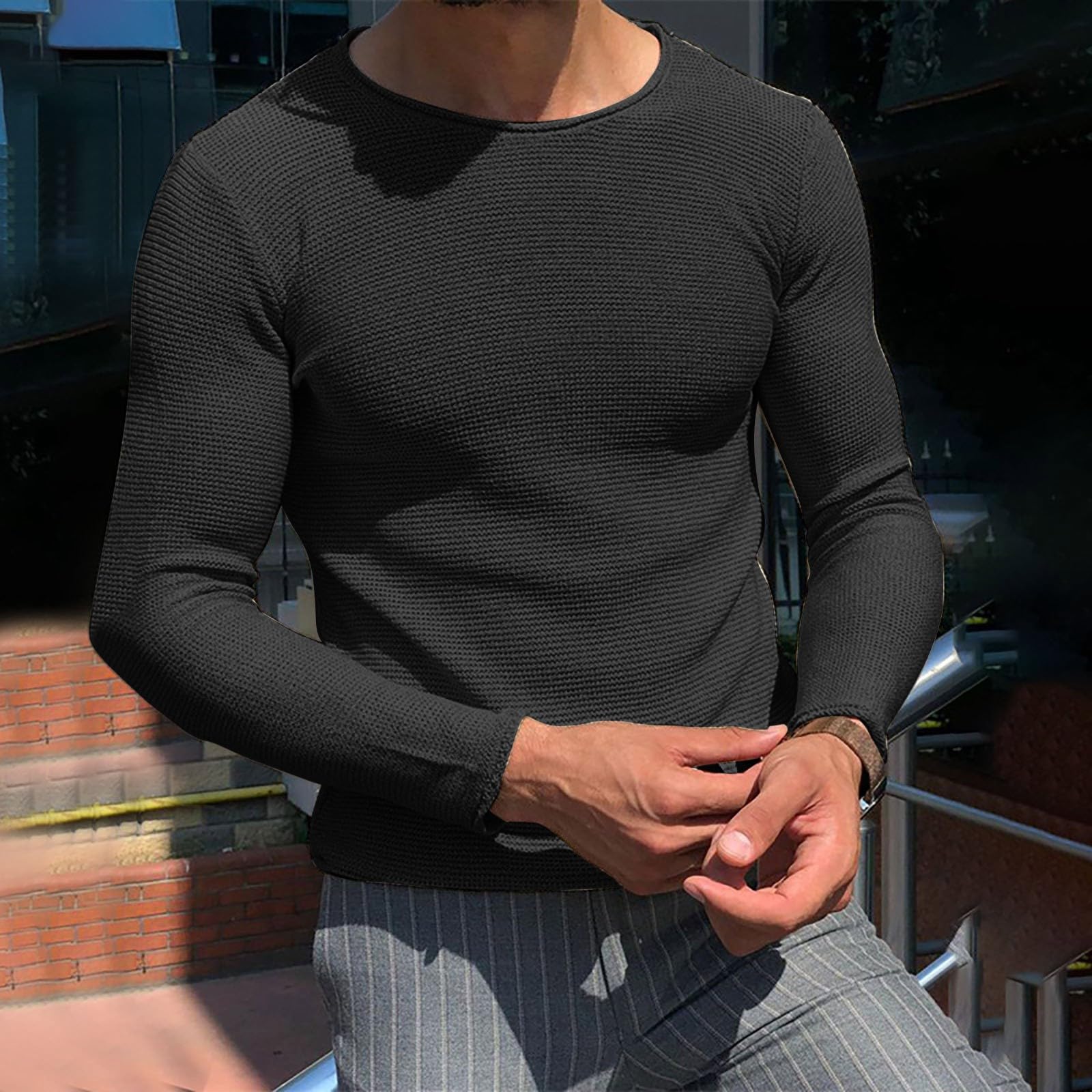 Men's Thermal Long Sleeve Shirt - Waffle Knit Crewneck Slim Fit Base Layer - Stretchy Pullover T-Shirt & Sweater for Winter, Outdoor Activities & Casual Wear