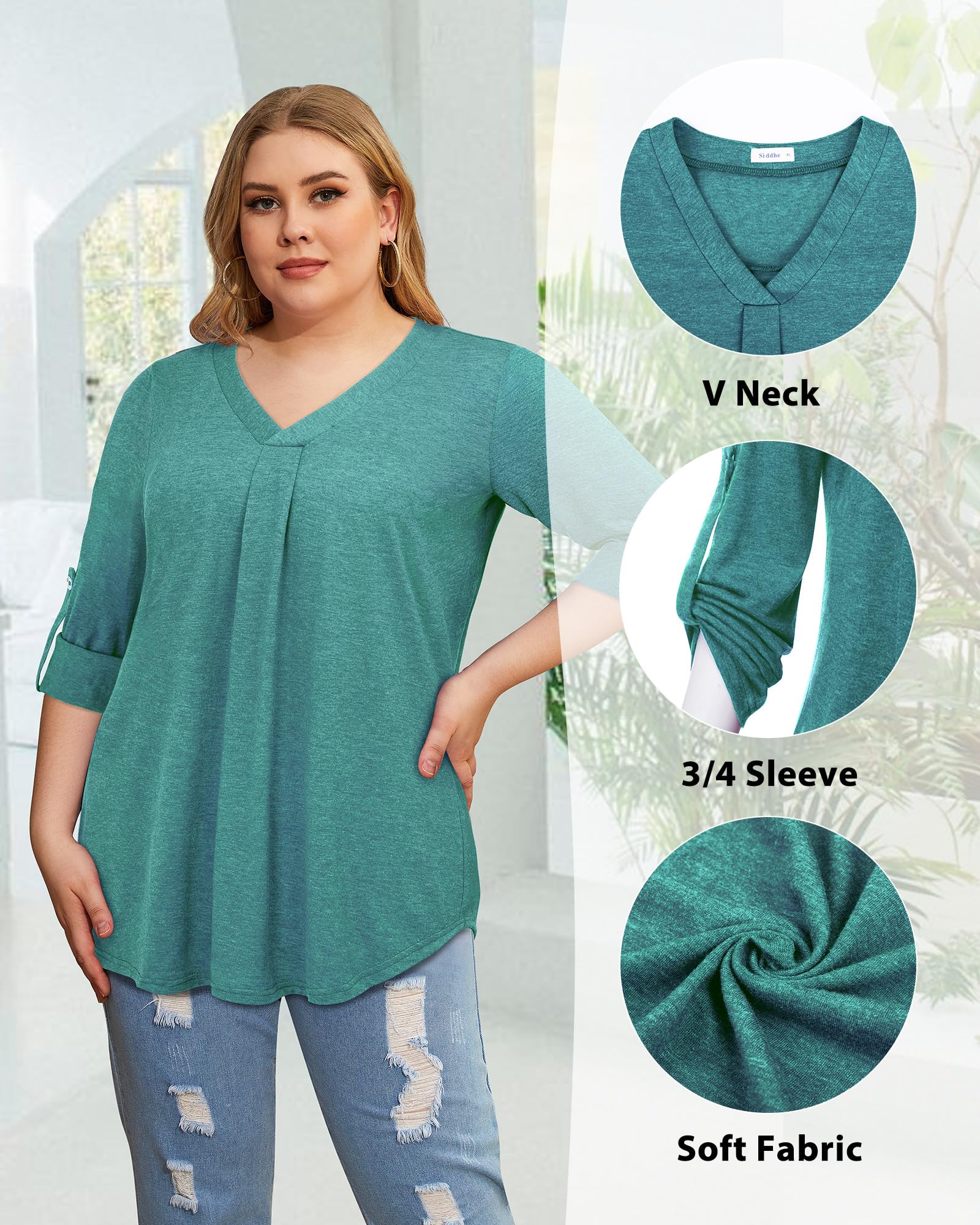 Plus Size Women's 3/4 Sleeve V-Neck Tunic Blouse - Siddhe Spring Summer 2025 Casual Tops for Work, Office & Everyday Wear